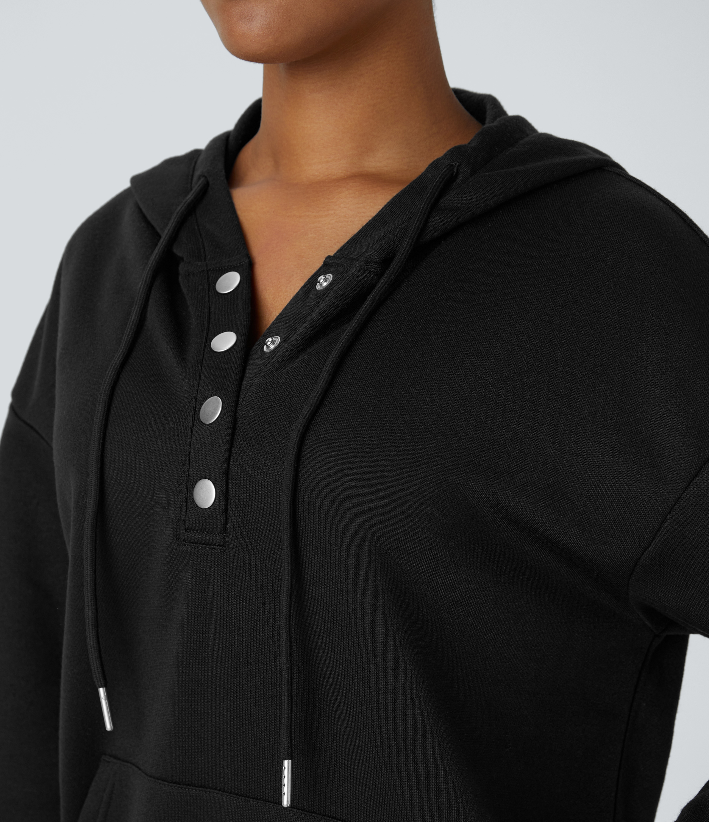 Halara Hooded Drawstring Snap Button Kangaroo Pocket Relaxed Fleece Casual Sweatshirt  - Black - M 