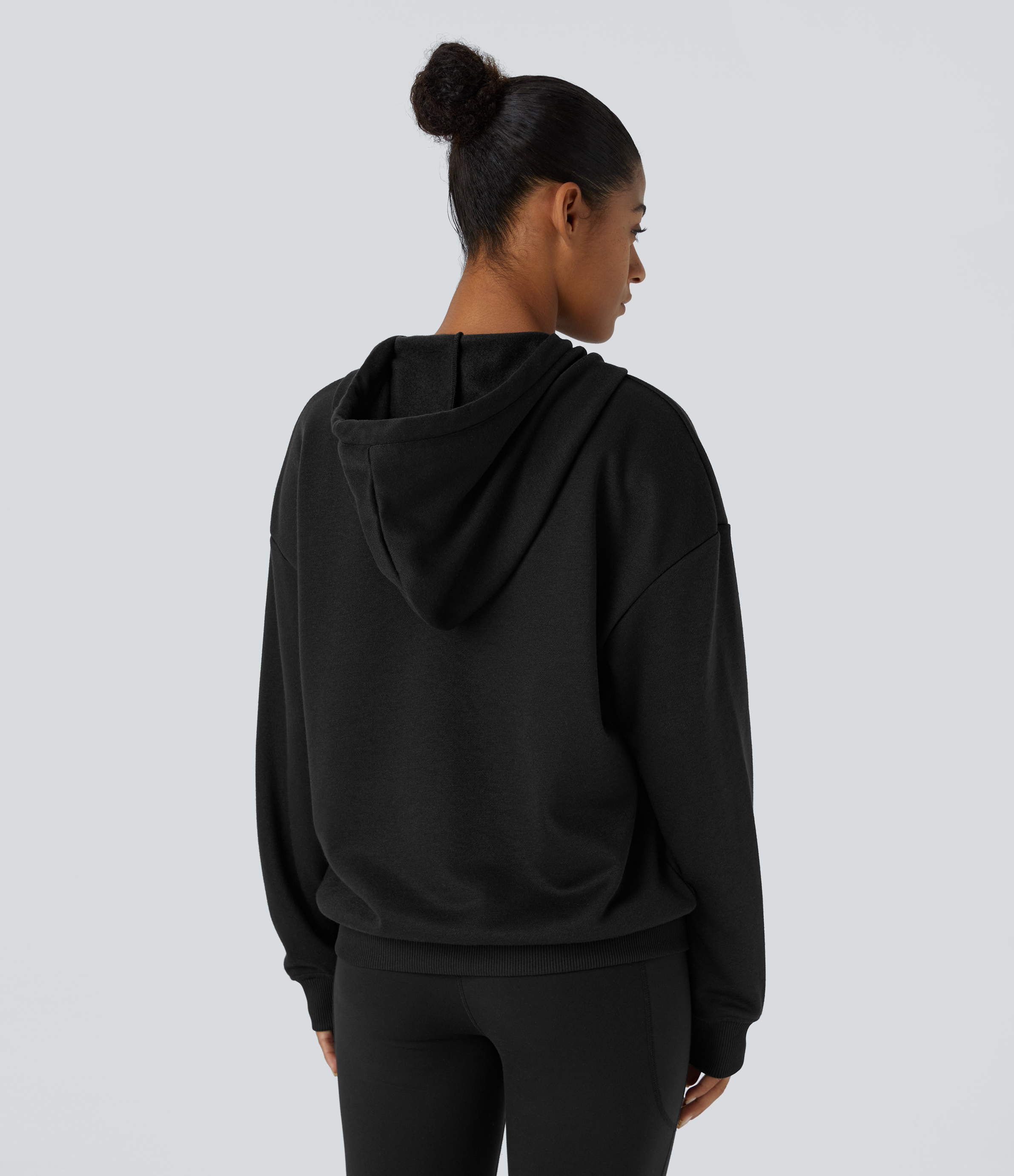 Halara Hooded Drawstring Snap Button Kangaroo Pocket Relaxed Fleece Casual Sweatshirt  - Black - M 