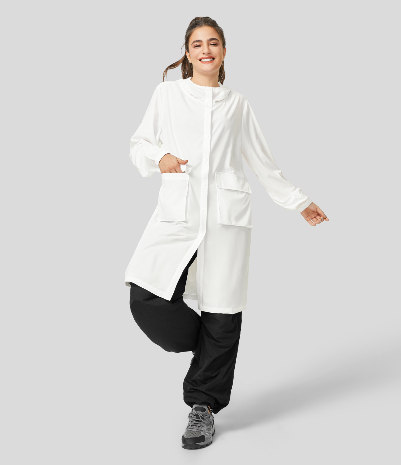 Halara Breezefulв„ў Hooded Drawstring Waisted Front Pocket Snap Button Longline Quick Dry Hiking Cargo Jacket  - White - L 
