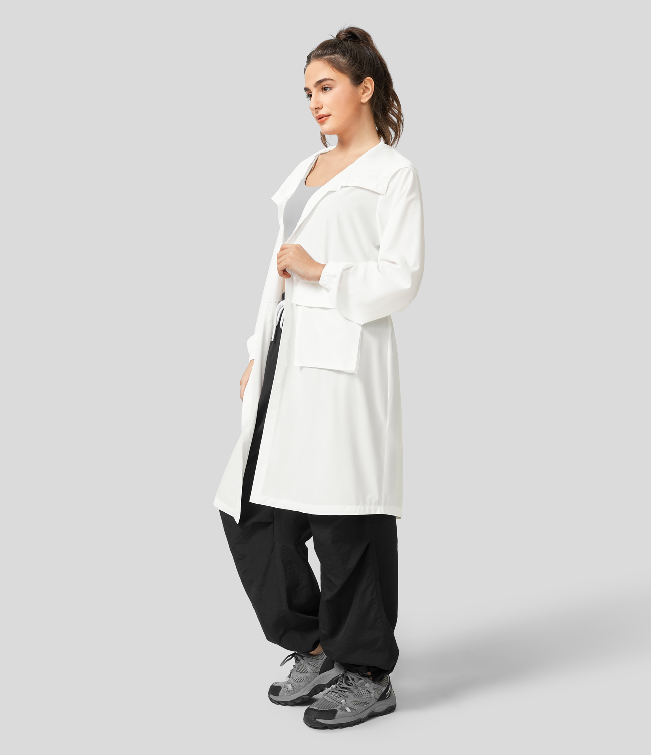 Halara Breezefulв„ў Hooded Drawstring Waisted Front Pocket Snap Button Longline Quick Dry Hiking Cargo Jacket  - White - L 