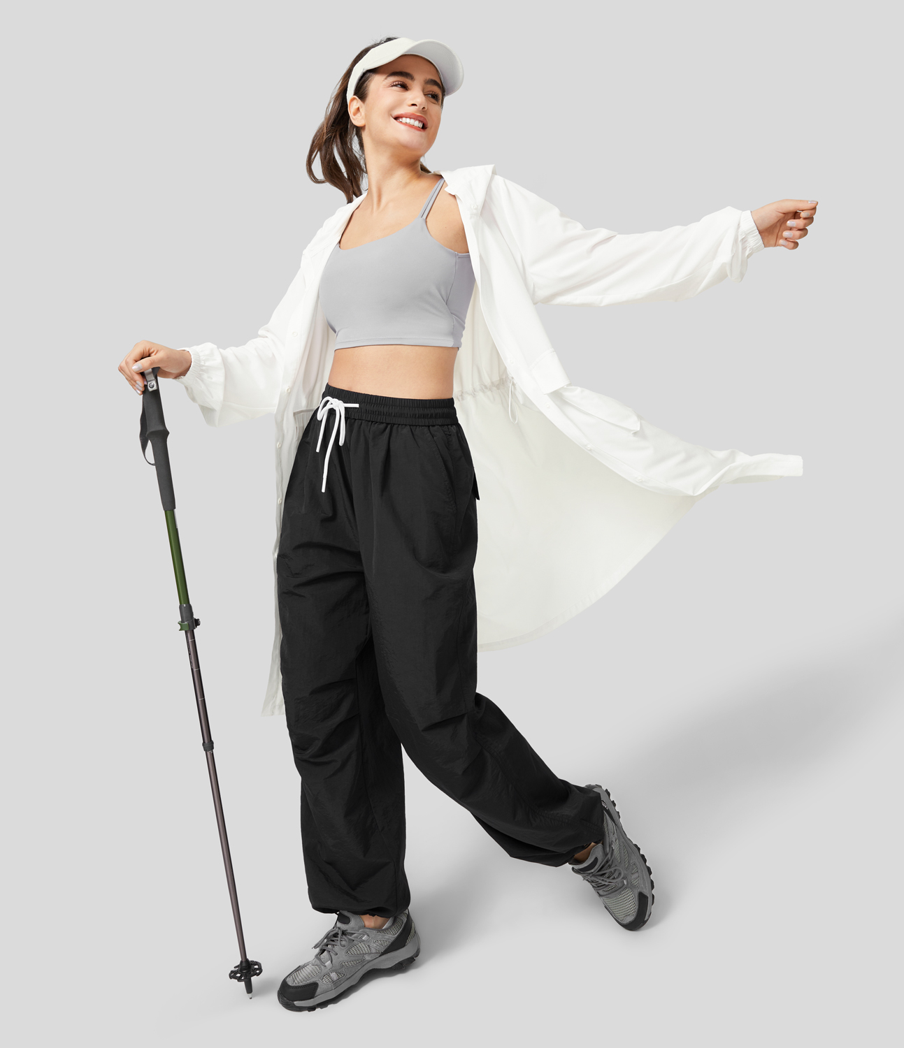 

Halara Breezefulв„ў Hooded Drawstring Waisted Front Pocket Snap Button Longline Quick Dry Hiking Cargo Jacket - White
