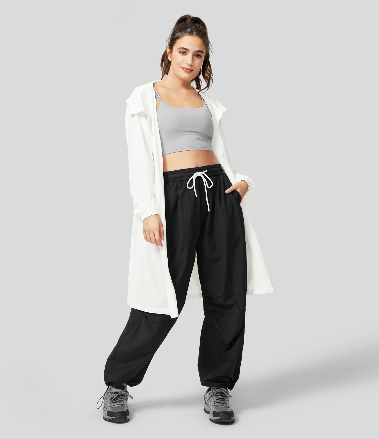 Halara Breezefulв„ў Hooded Drawstring Waisted Front Pocket Snap Button Longline Quick Dry Hiking Cargo Jacket  - White - L 