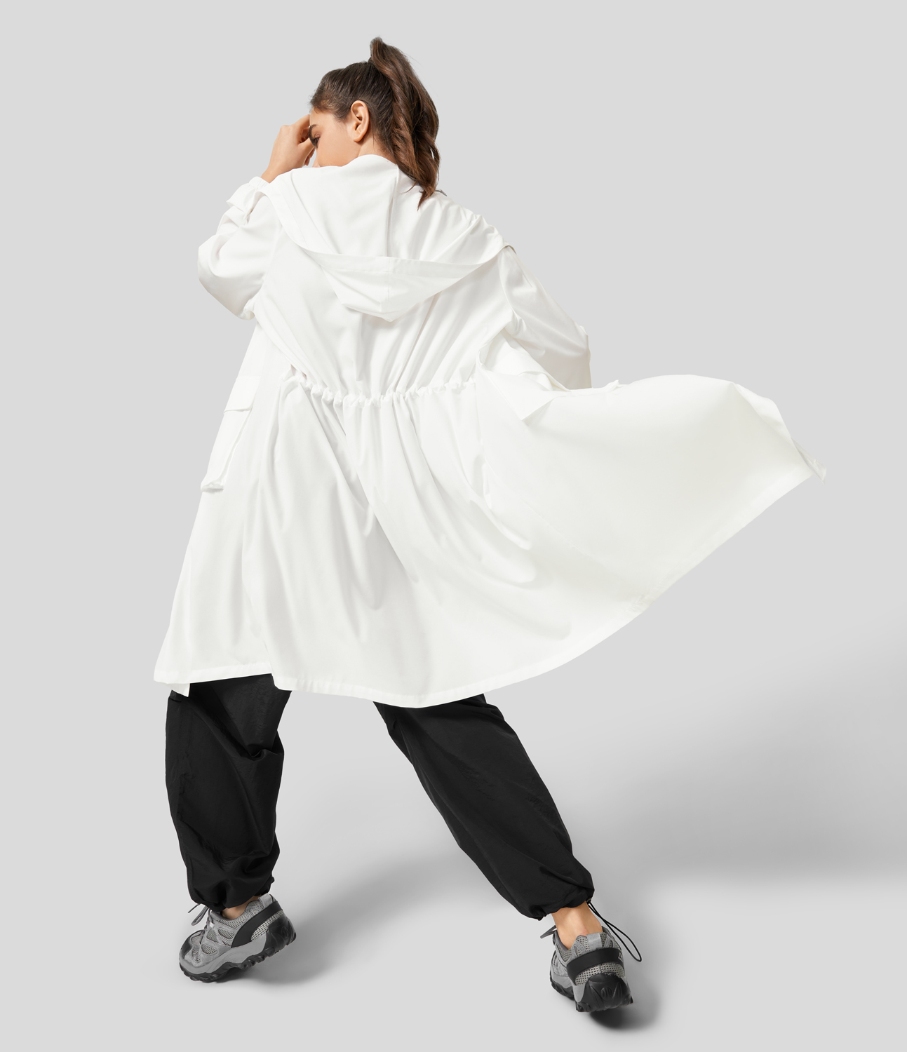 Halara Breezefulв„ў Hooded Drawstring Waisted Front Pocket Snap Button Longline Quick Dry Hiking Cargo Jacket  - White - L 