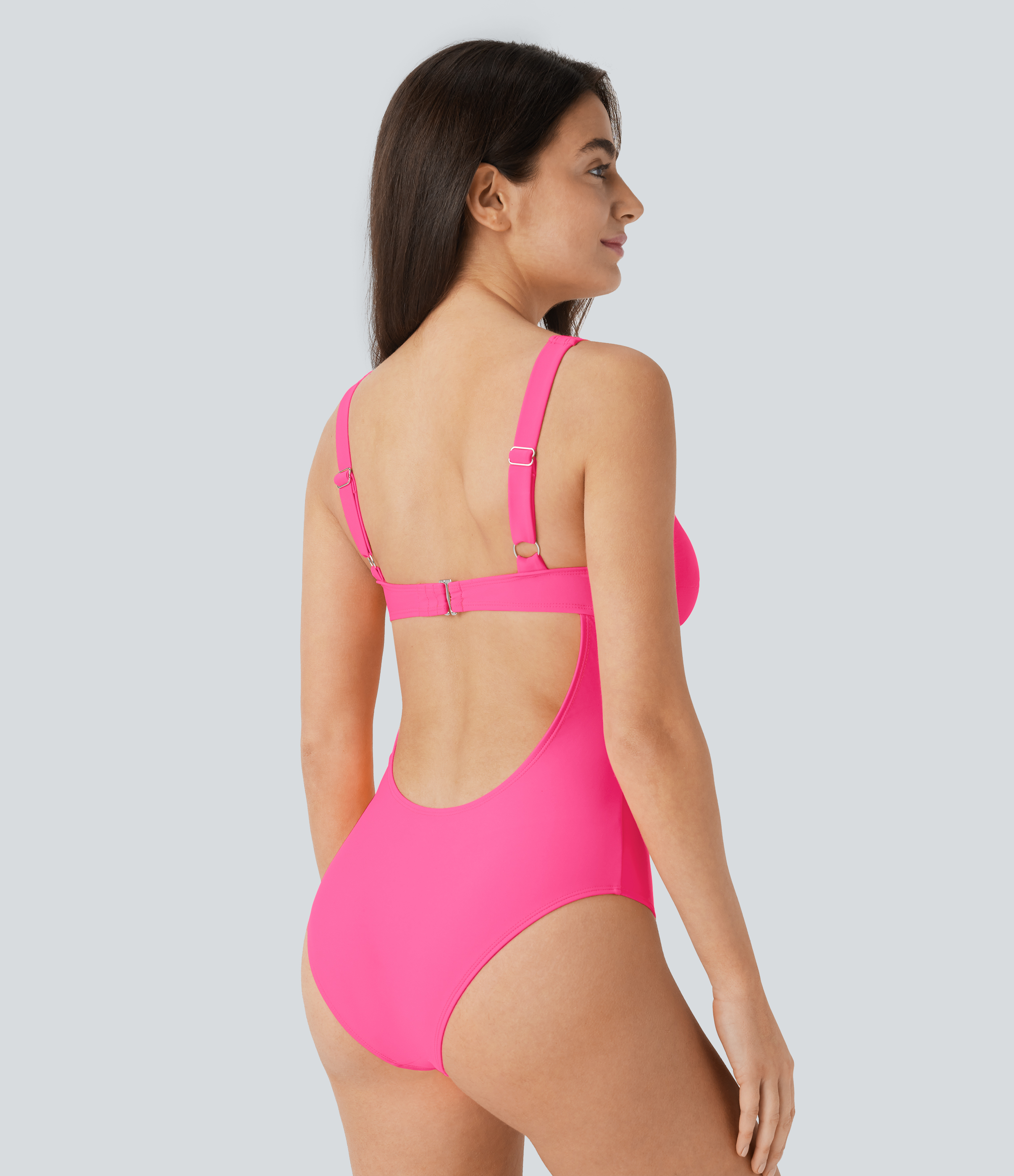 Bright Pink Traje baño una pieza sin espalda tirante ajustable cuello U / 2