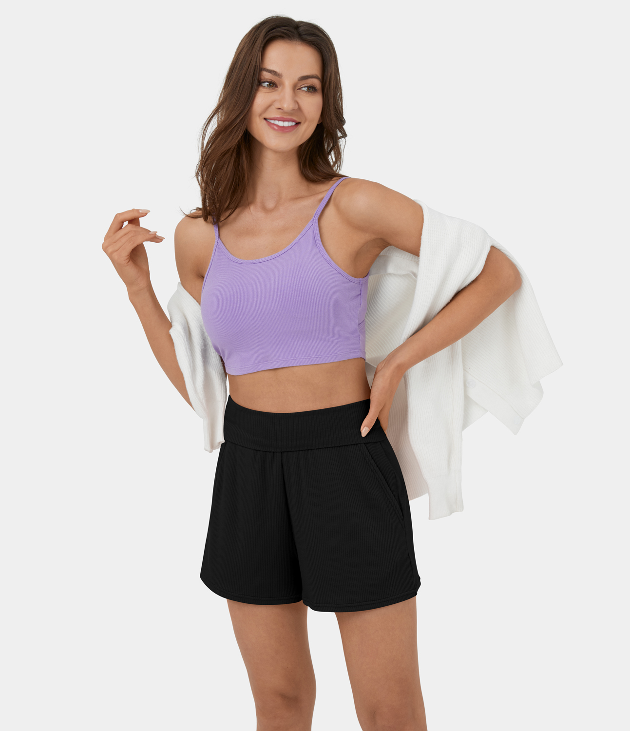 Halara Ribbed Knit Super High Waisted Foldover Side Pocket Casual Shorts 2.5``  - Black - L 