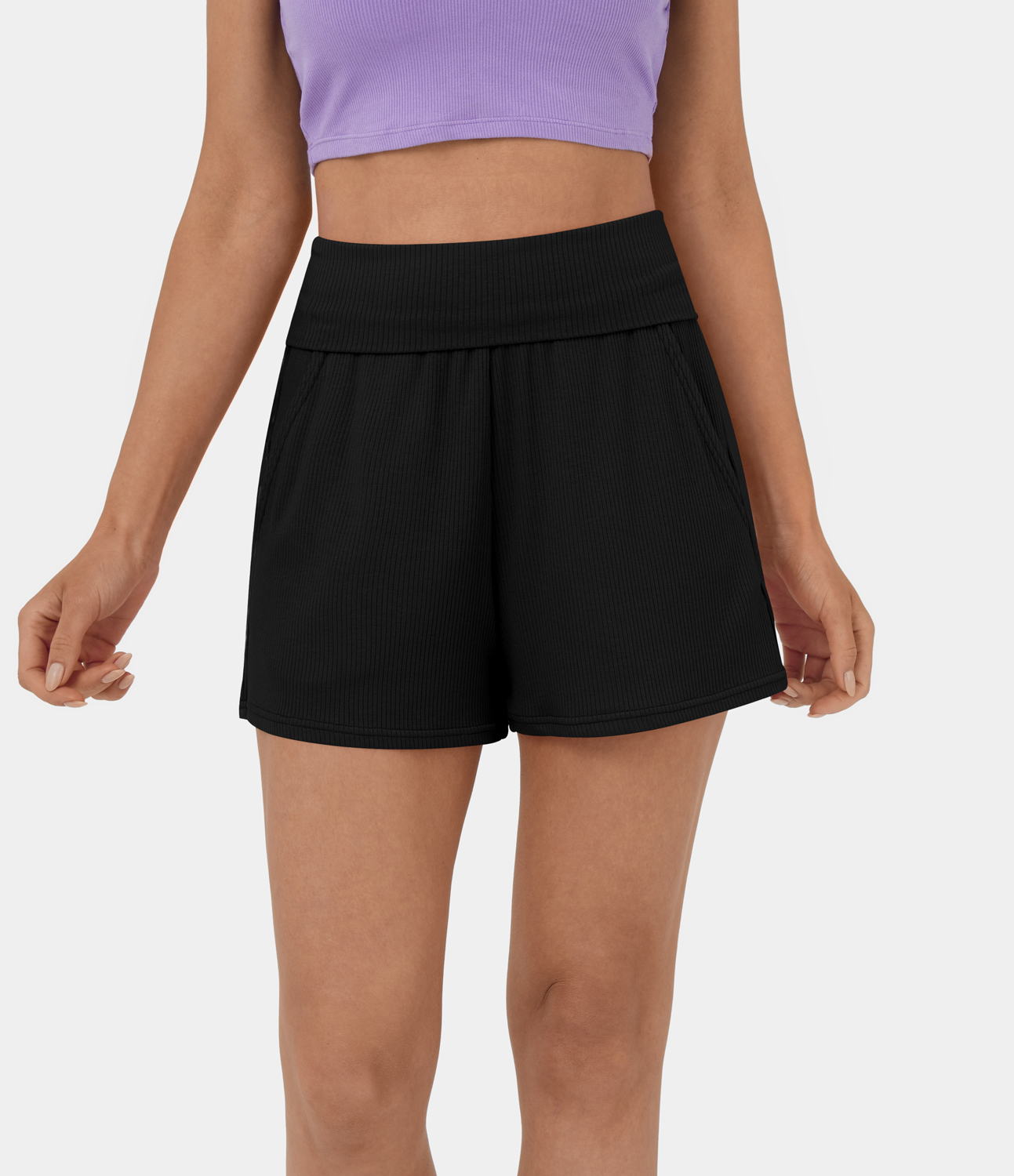 Halara Ribbed Knit Super High Waisted Foldover Side Pocket Casual Shorts 2.5``  - Black - L 