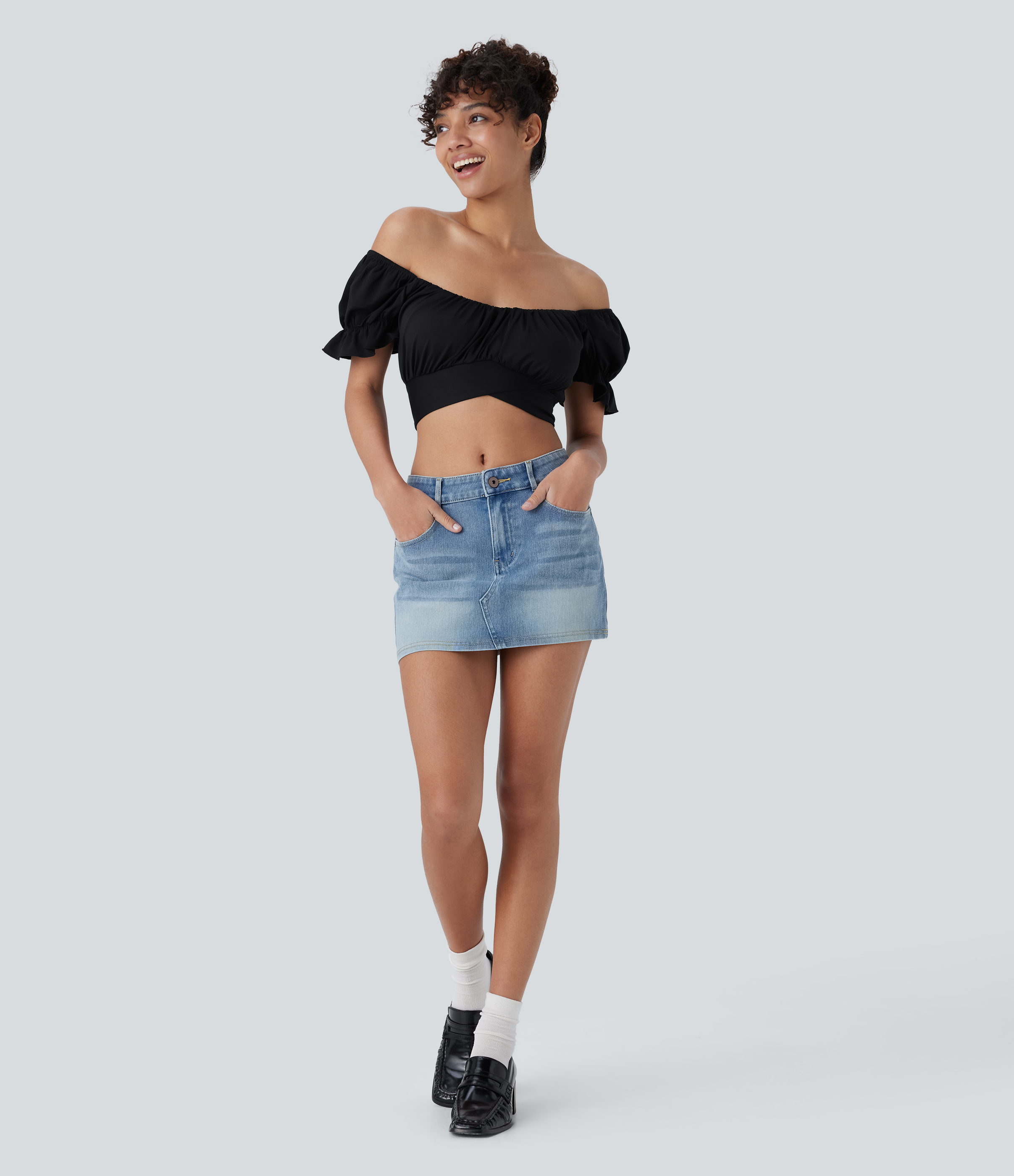 Halara Puff Sleeve Crossover Tie Back Cropped Casual Top Tank Top - Black - S golf tops halter top tunic tops sleeveless tops backless top 