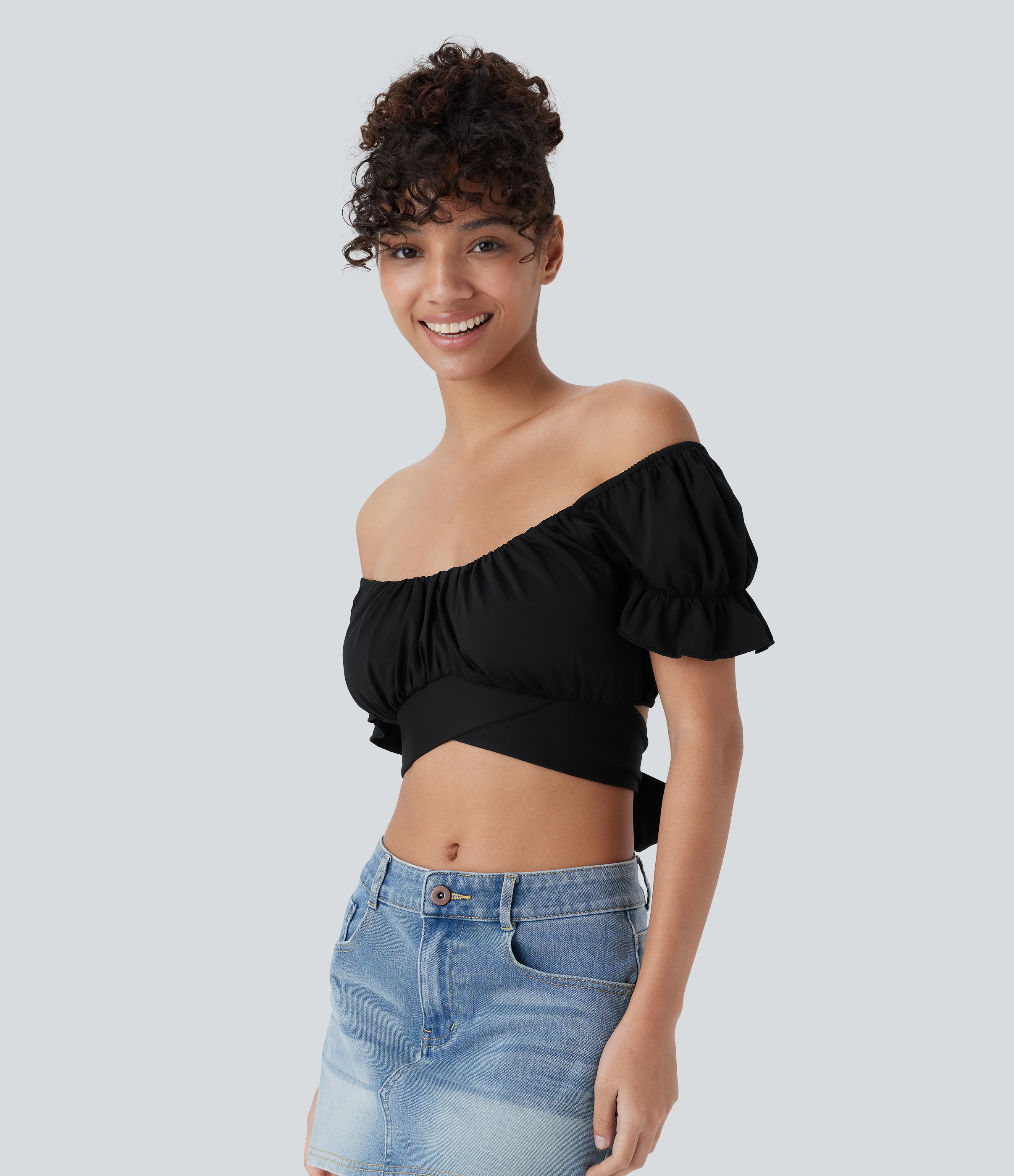 Halara Puff Sleeve Crossover Tie Back Cropped Casual Top Tank Top - Black - S golf tops halter top tunic tops sleeveless tops backless top 