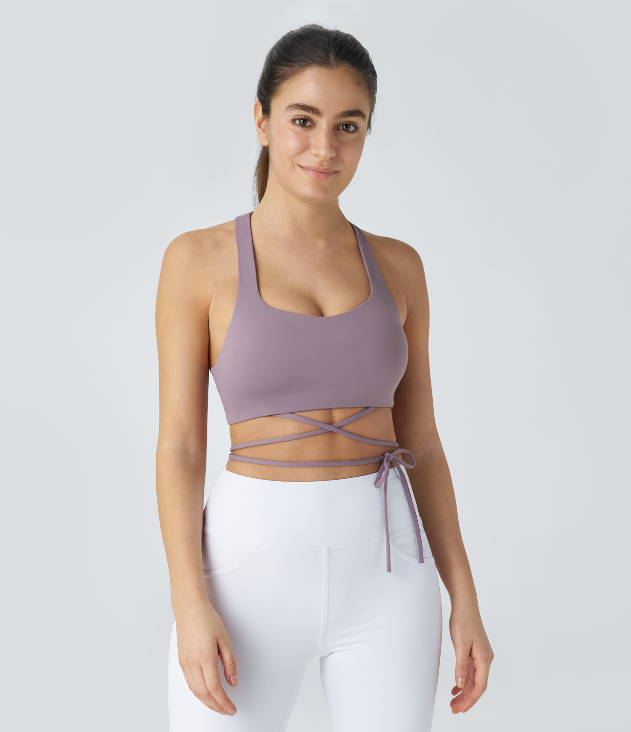 Halara Softlyzeroв„ў Low Support Backless Crisscross Tie Side Yoga Sports Bra-UPF50+  - Cinnabar Purple - XS push up bra strapless bra 