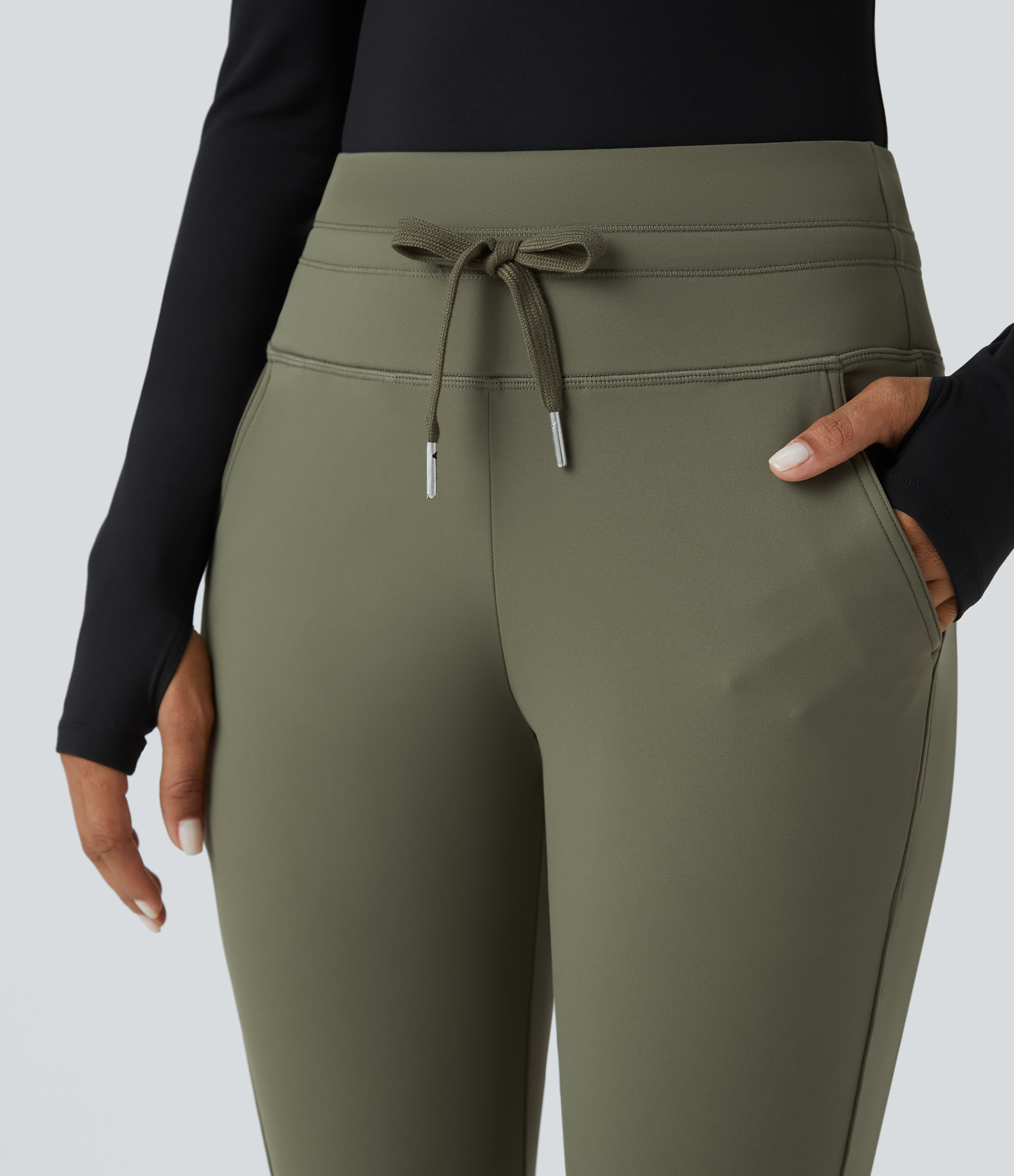 Halara Softlyzeroв„ў Fleece High Waisted Drawstring Side Pocket Full Length Yoga Joggers  - Grass Grey Green - L(regular) 