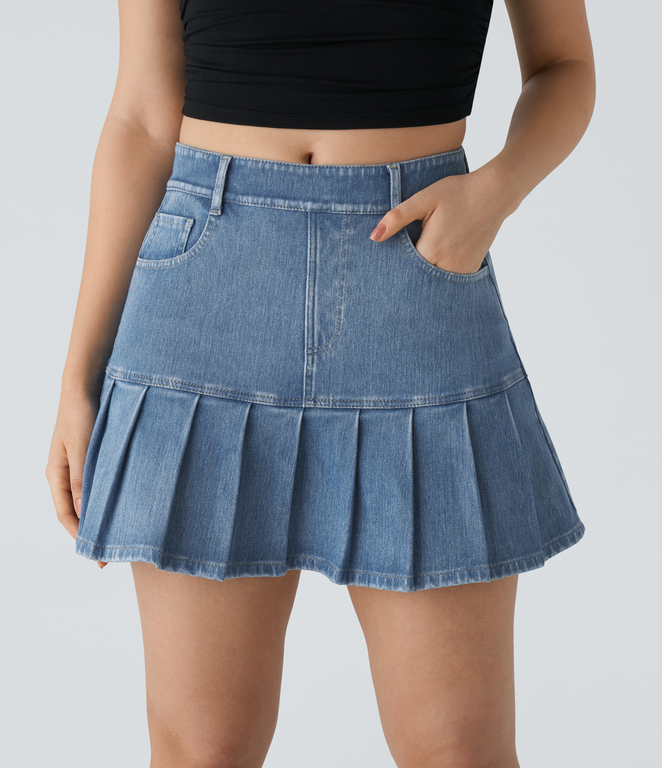 

Halara HalaraMagicв„ў High Waisted Multiple Pockets Pleated Mini Washed Stretchy Knit Denim Casual Skirt - Aquamarine Denim