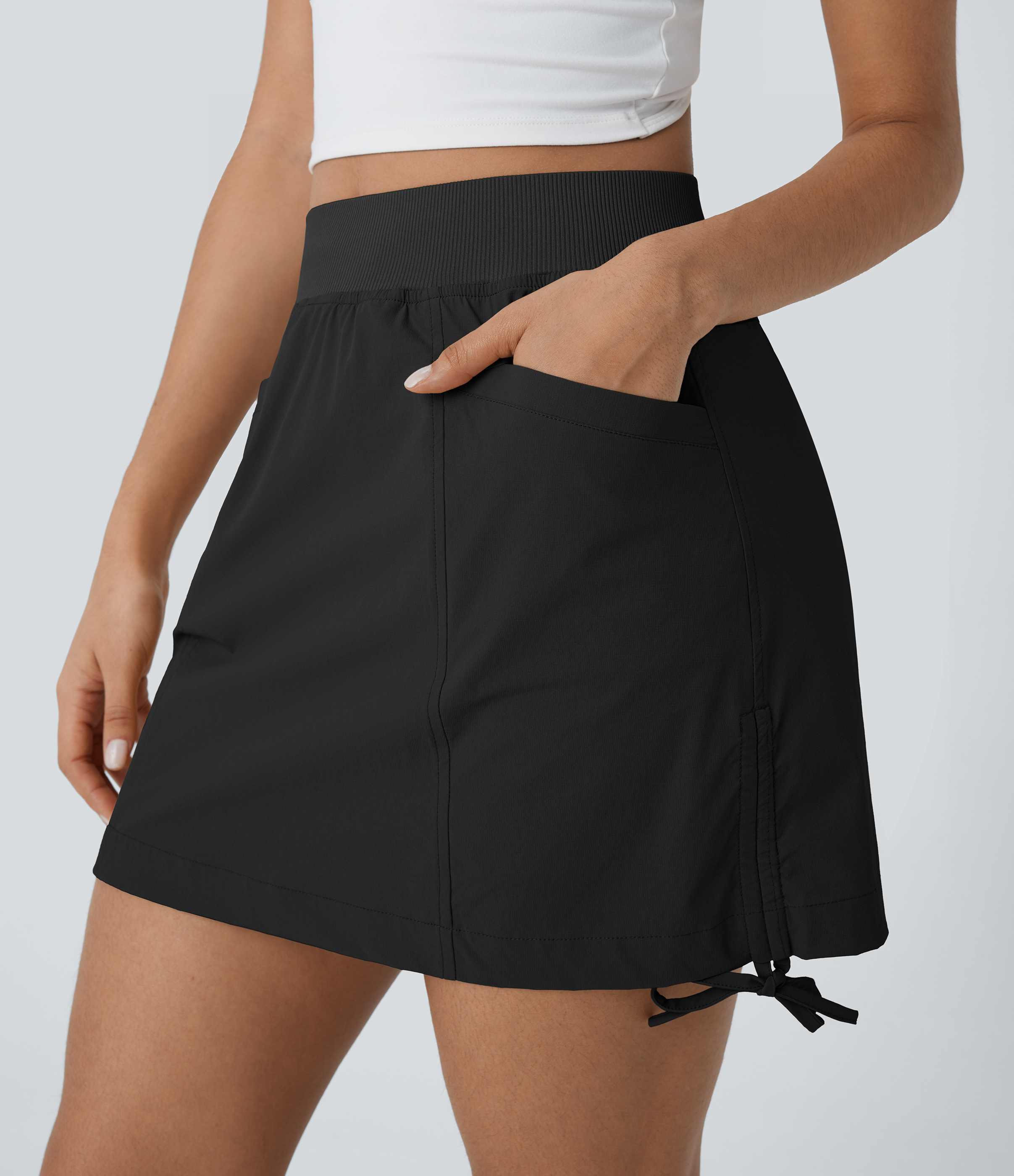 Halara Mid Low Rise Drawstring Side Pocket 2-in-1 Ruched Cool Touch Mini Hiking Skirt  - Black - S(regular) midi skirt a line skirt 