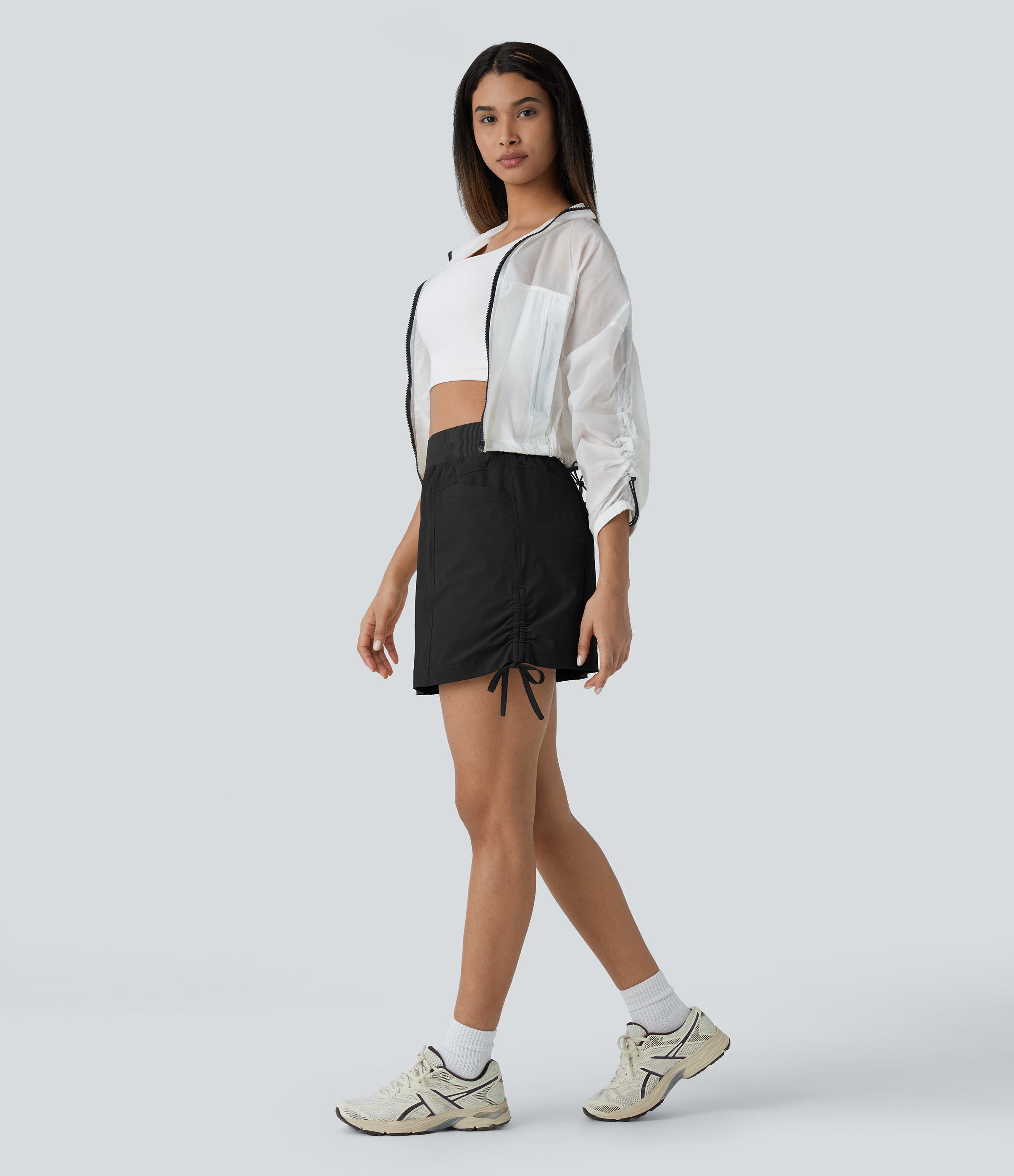 Halara Mid Low Rise Drawstring Side Pocket 2-in-1 Ruched Cool Touch Mini Hiking Skirt  - Black - S(regular) midi skirt a line skirt 