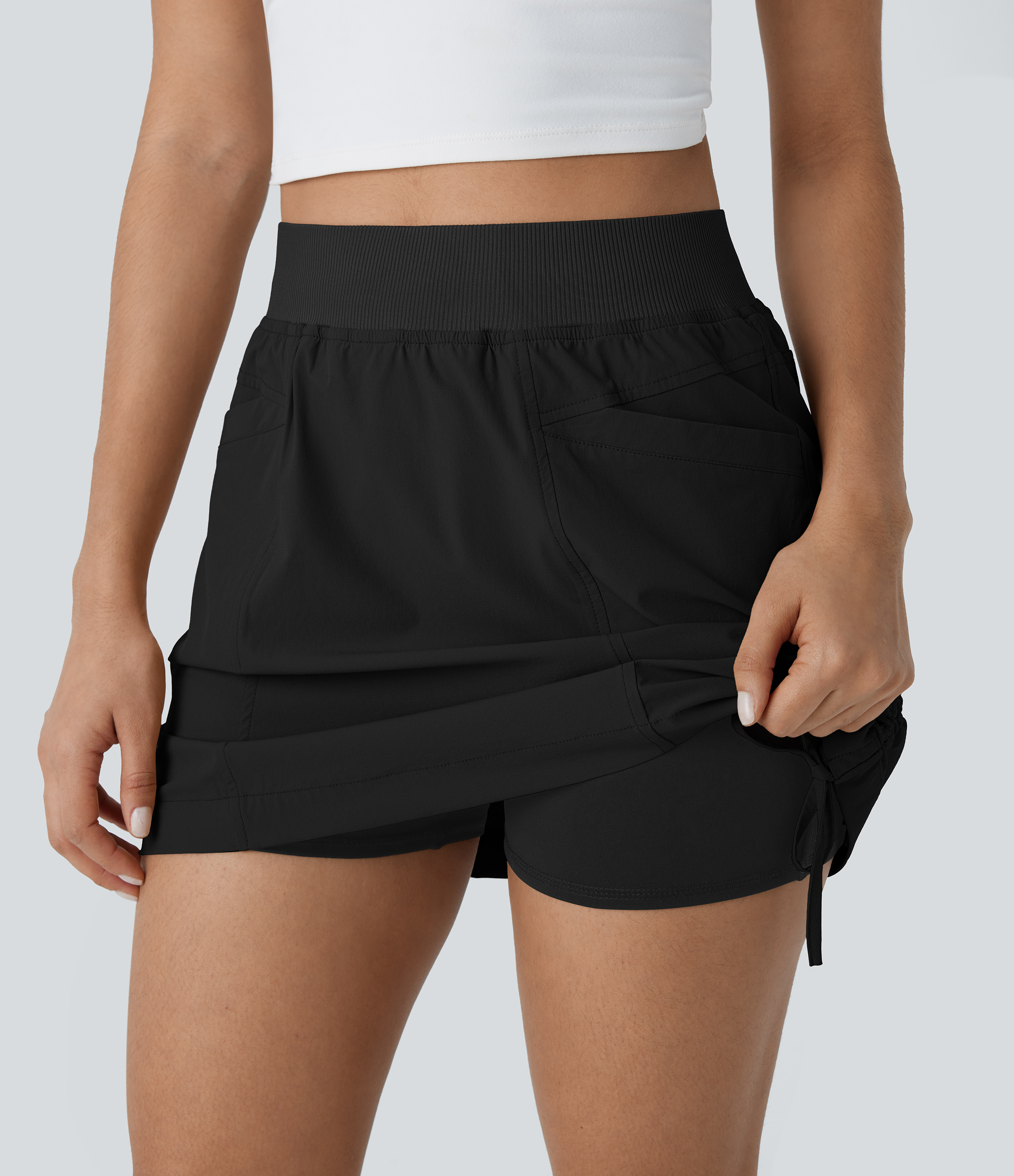 Halara Mid Low Rise Drawstring Side Pocket 2-in-1 Ruched Cool Touch Mini Hiking Skirt  - Black - S(regular) midi skirt a line skirt 
