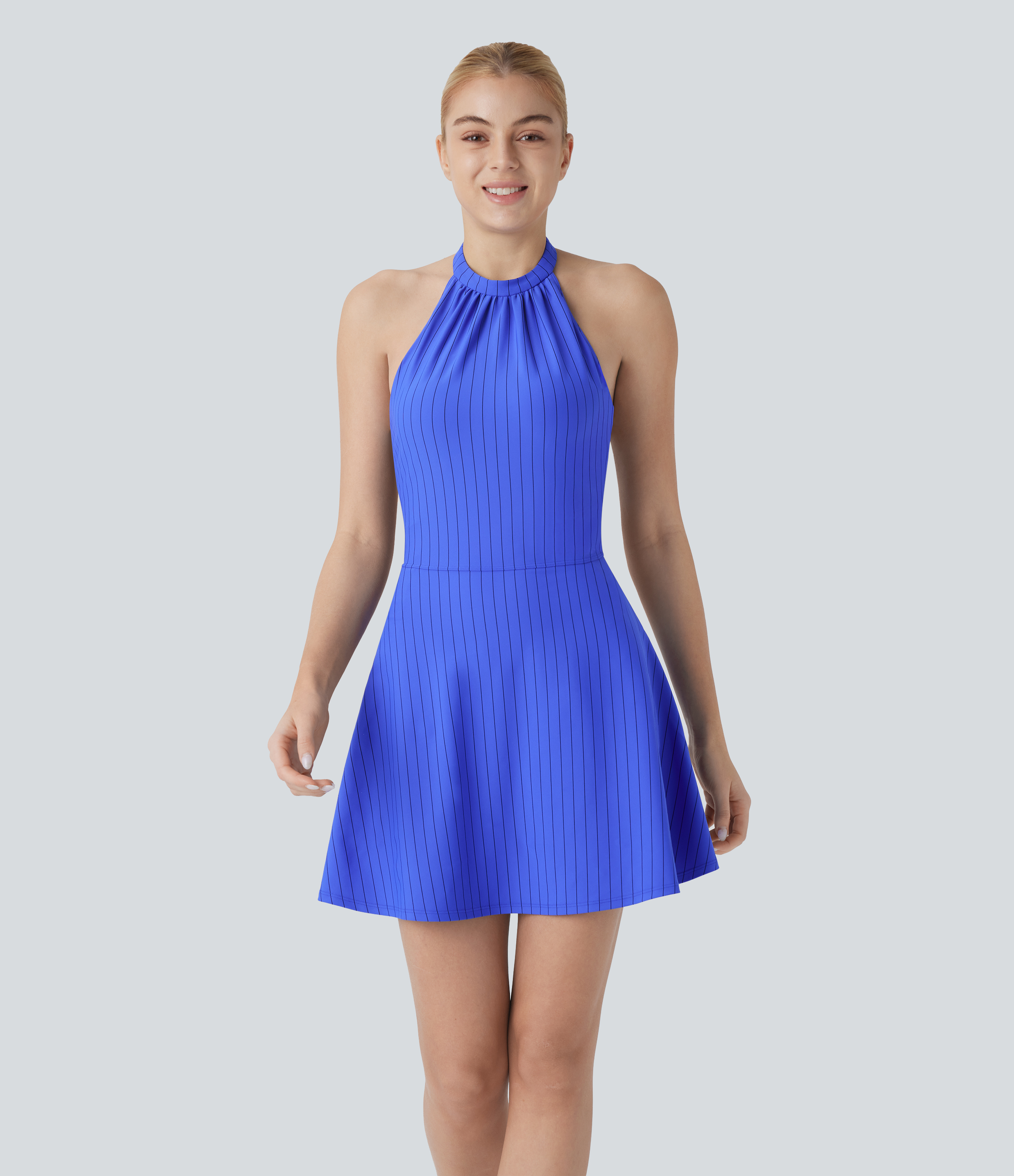 Halara Backless G-hook Halter 2-in-1 Side Pocket Stripe Mini Cool Touch Yoga Active Dress-Easy Peezy Workout Dress - Blue Black Pinstripe - L 