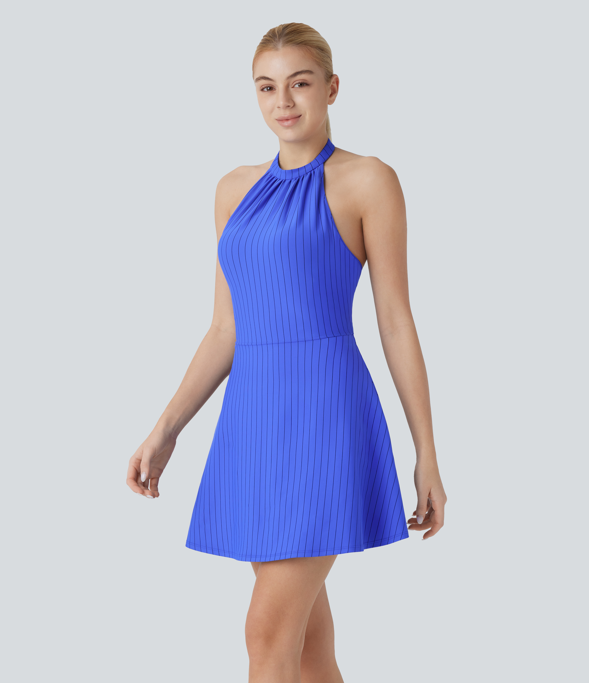 Halara Backless G-hook Halter 2-in-1 Side Pocket Stripe Mini Cool Touch Yoga Active Dress-Easy Peezy Workout Dress - Blue Black Pinstripe - L 