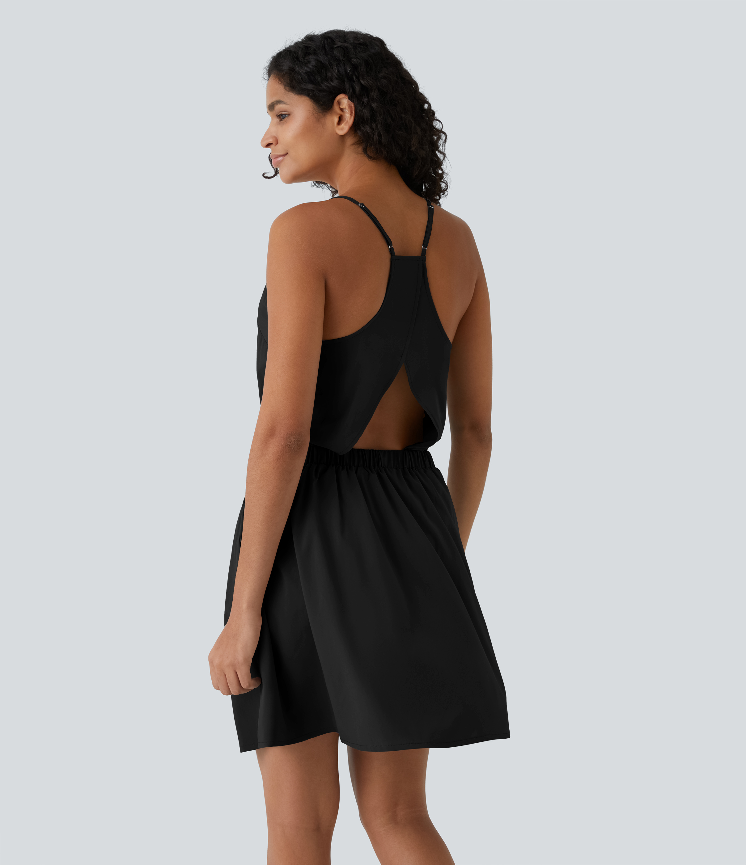 Halara Breezefulв„ў Adjustable Strap Backless Cut Out Side Pocket Pleated Mini Quick Dry Casual Dress Casual Dress - Black - L slip dress 