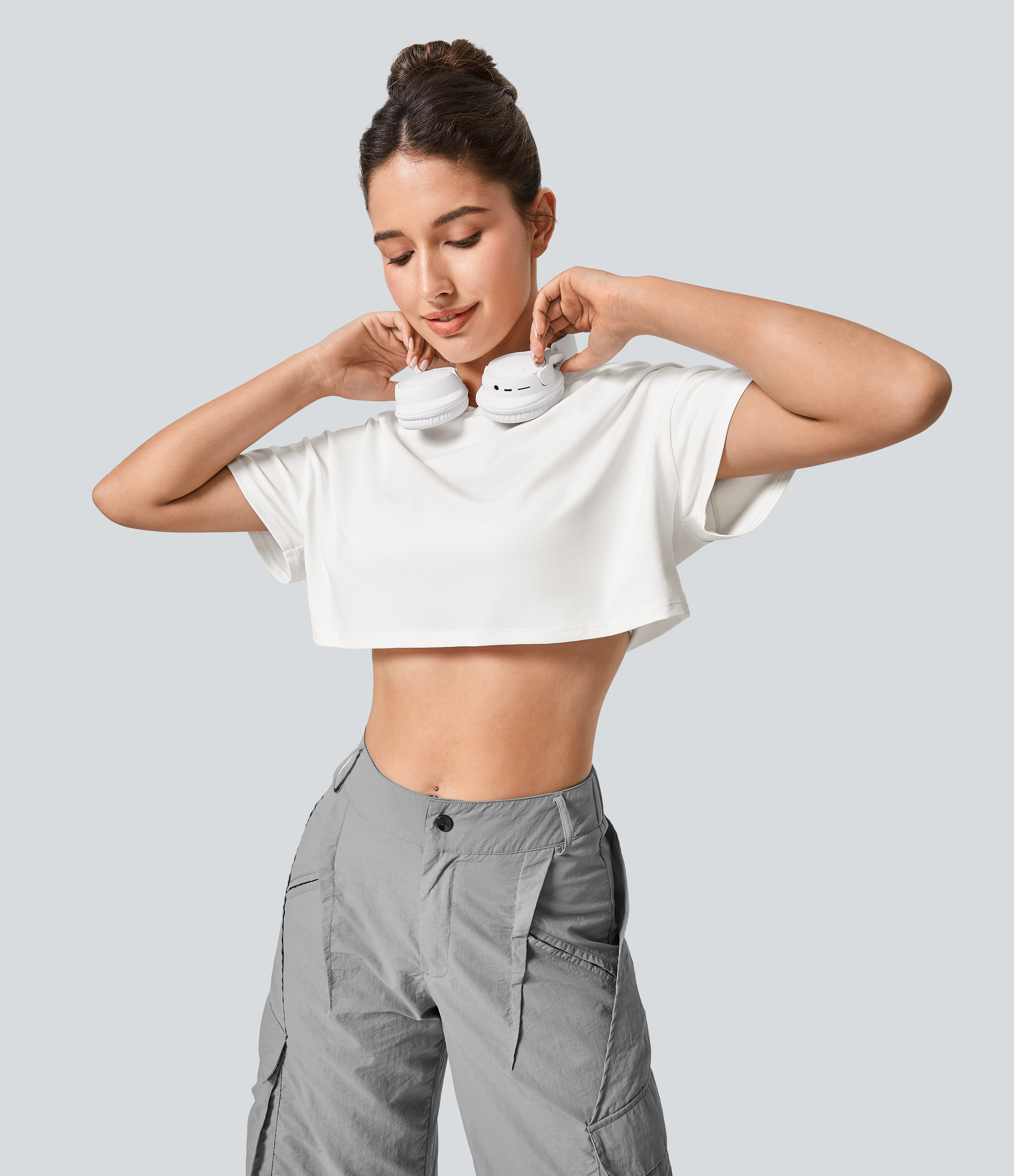 Halara Short Sleeve Cropped Loose Dance Sports Top  - White - L 
