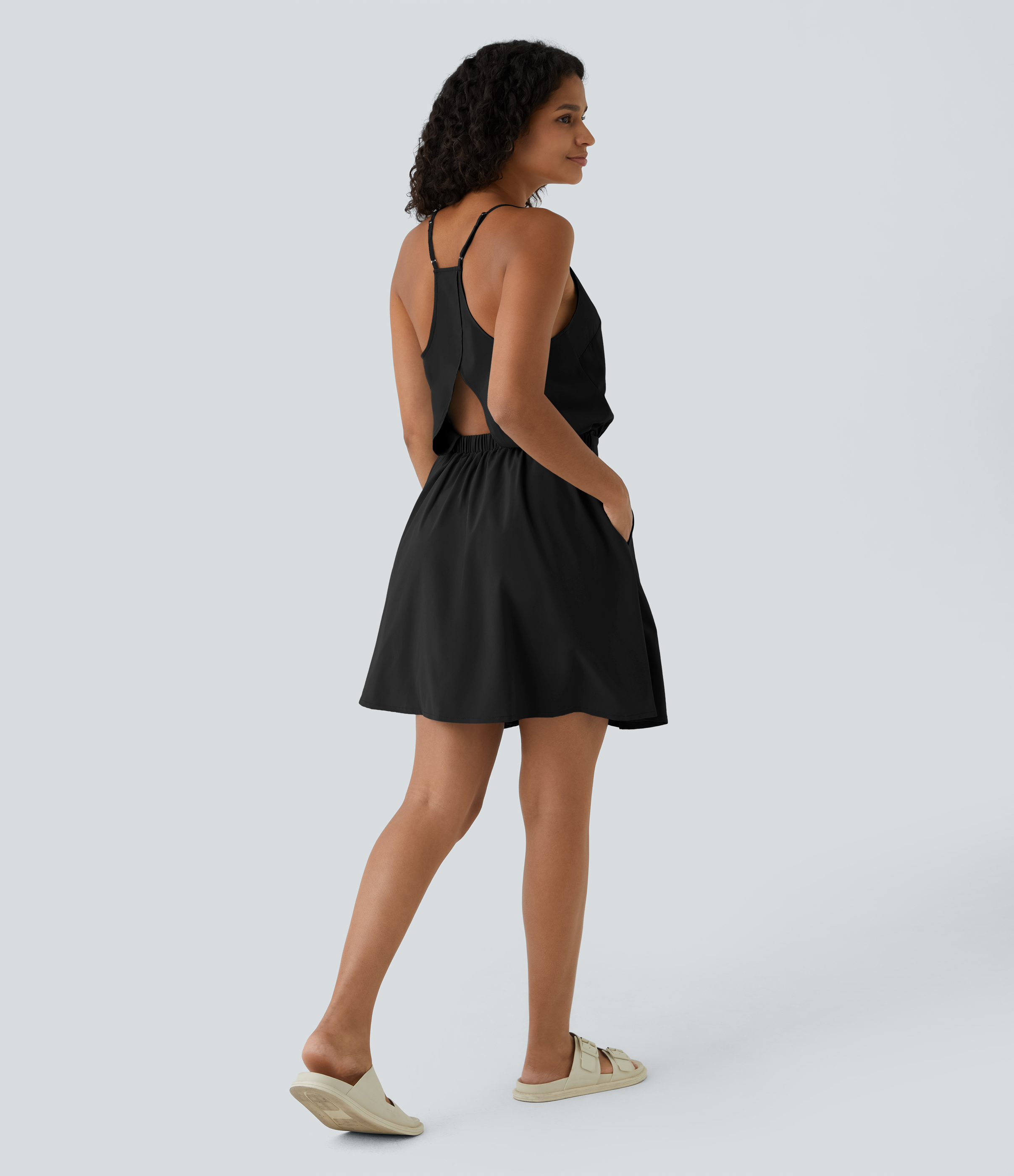 Halara Breezefulв„ў Adjustable Strap Backless Cut Out Side Pocket Pleated Mini Quick Dry Casual Dress Casual Dress - Black - L slip dress 