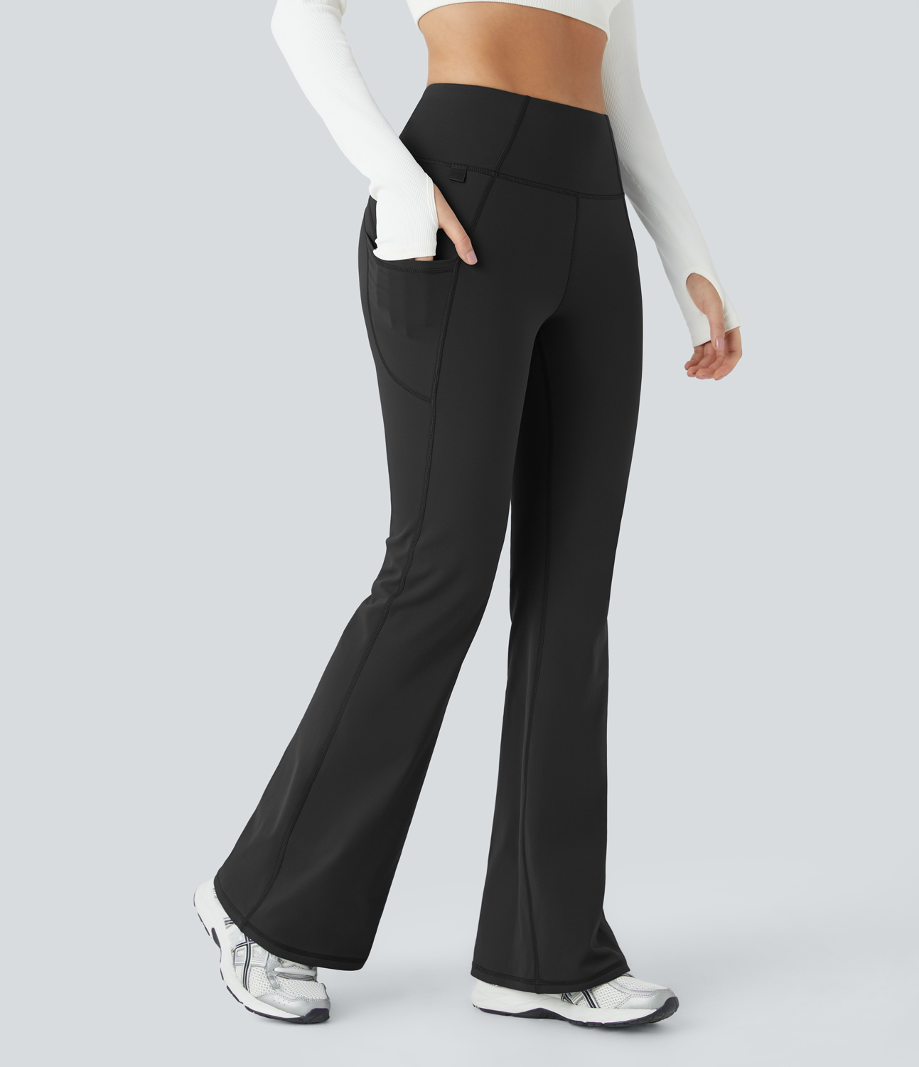 Halara High Waisted Side Pocket Thermal Yoga Flare Pants  - Black - L(regular) 