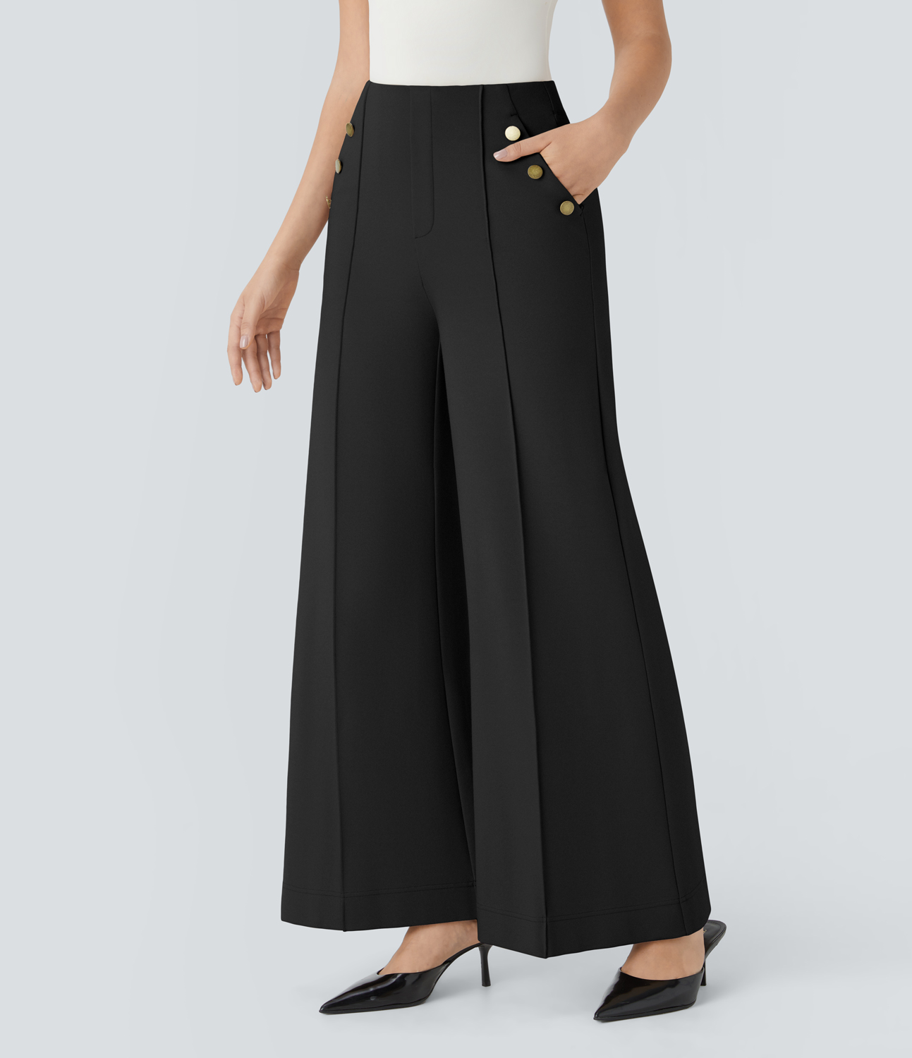 Halara HalaraFlexв„ў High Waisted Decorative Button Side Pocket Wide Leg Work Pants  - Black - L(regular) sweatpants jogger pants 