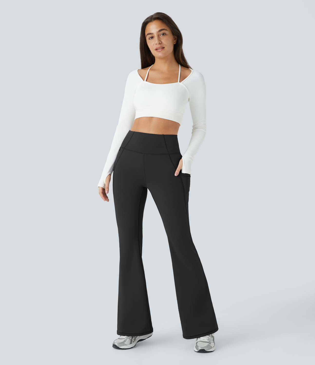 Halara High Waisted Side Pocket Thermal Yoga Flare Pants  - Black - L(regular) 