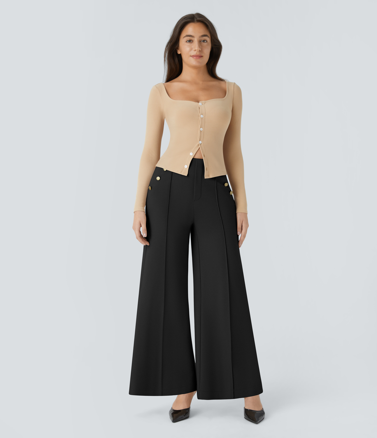 Halara HalaraFlexв„ў High Waisted Decorative Button Side Pocket Wide Leg Work Pants  - Black - L(regular) sweatpants jogger pants 