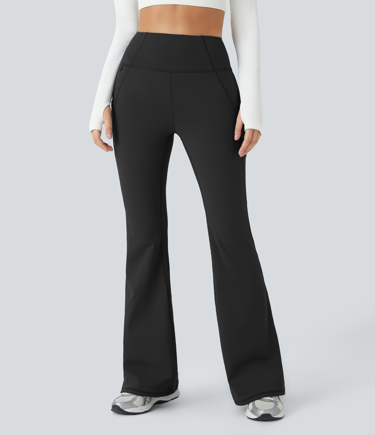 Halara High Waisted Side Pocket Thermal Yoga Flare Pants  - Black - L(regular) 