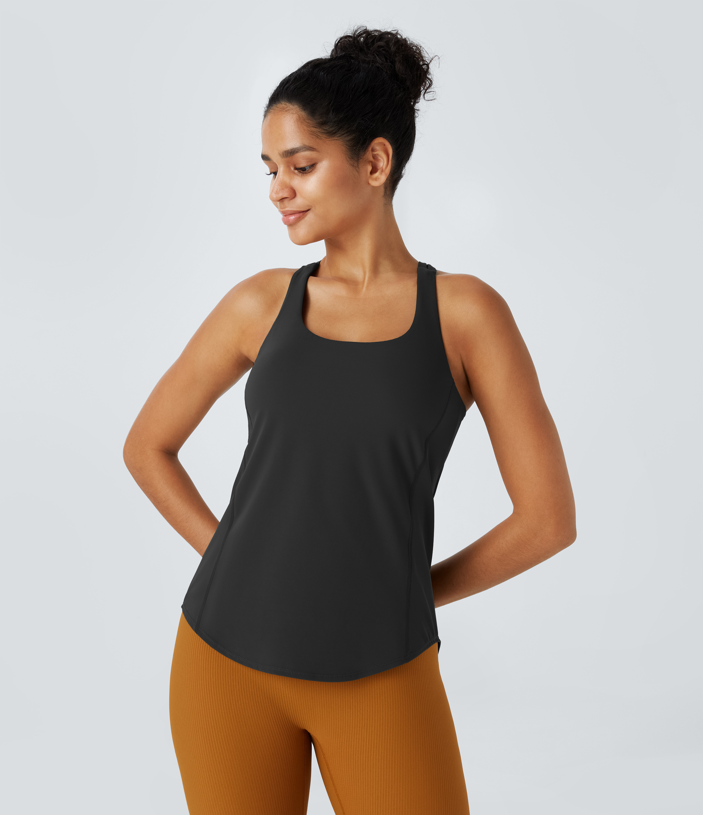 Halara UltraSculpt U Neck Backless Crisscross Curved Hem Running Tank Top Tank Top - Black - XS golf tops halter top tunic tops 