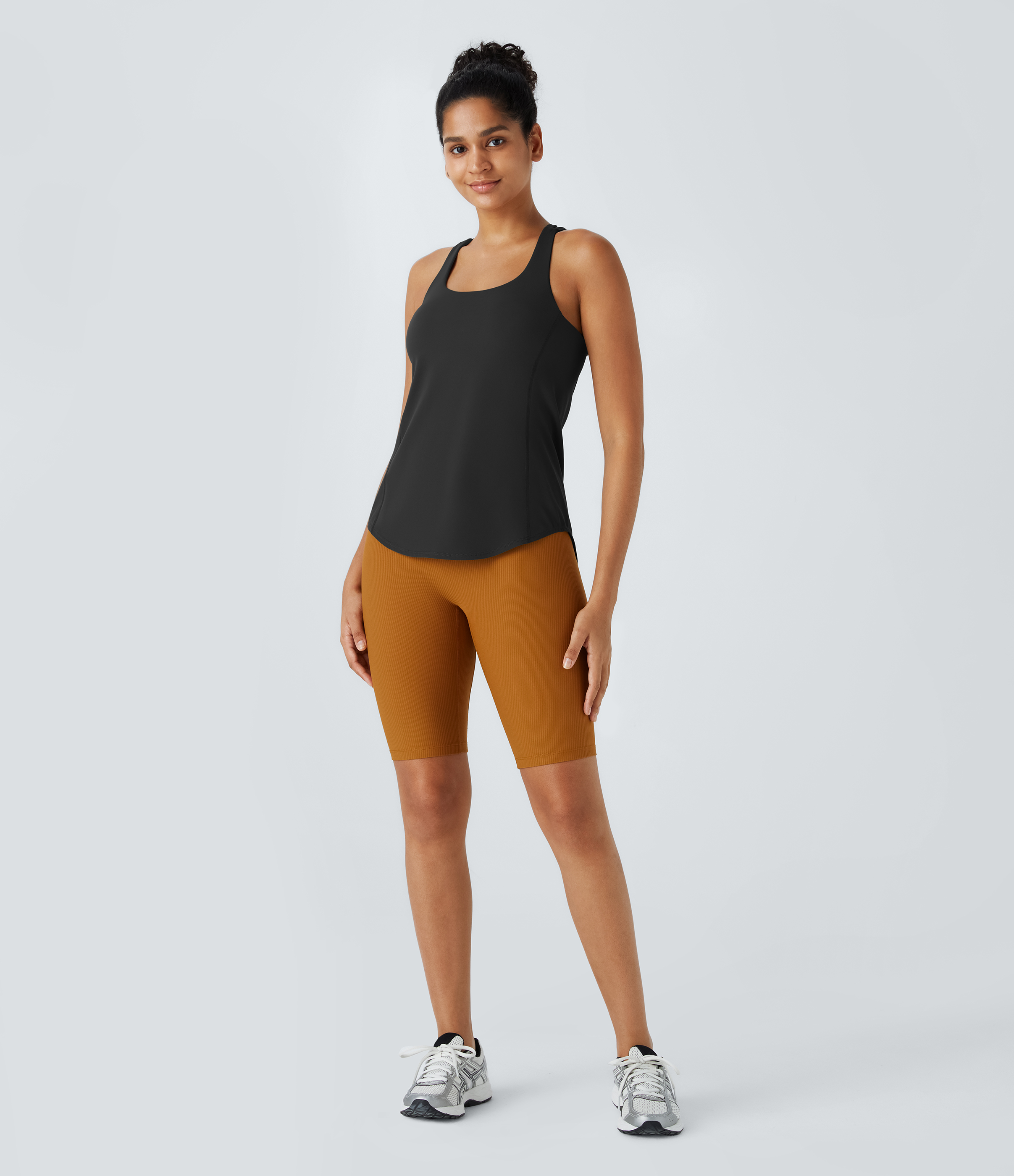Halara UltraSculpt U Neck Backless Crisscross Curved Hem Running Tank Top Tank Top - Black - XS golf tops halter top tunic tops 
