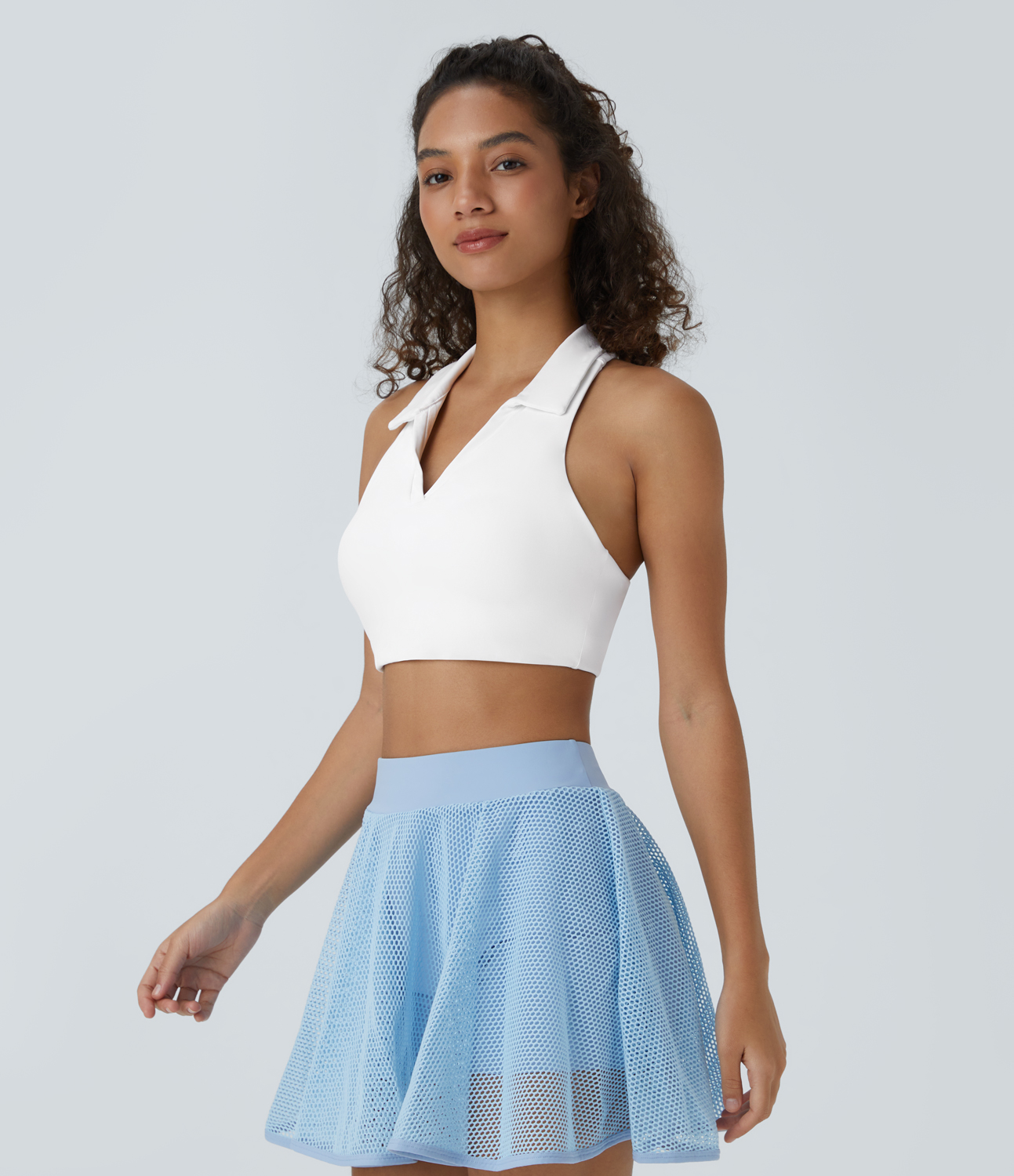 Halara Softlyzeroв„ў Airy Collared Racerback Cool Touch Cropped Tennis Tank Top Tank Top - White - L golf tops halter top tunic tops 