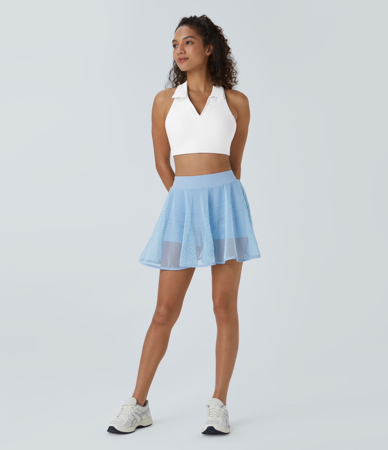 Halara Softlyzeroв„ў Airy Collared Racerback Cool Touch Cropped Tennis Tank Top Tank Top - White - L golf tops halter top tunic tops 