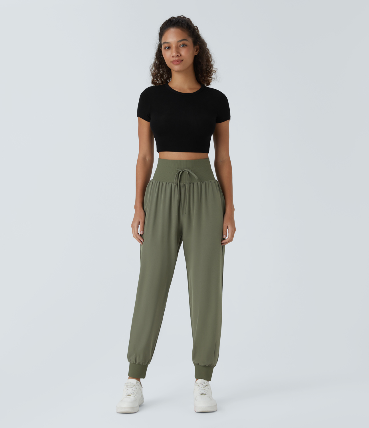 Halara High Waisted Wide Waistband Drawstring Ribbed Casual Joggers  - Agave Green - S 