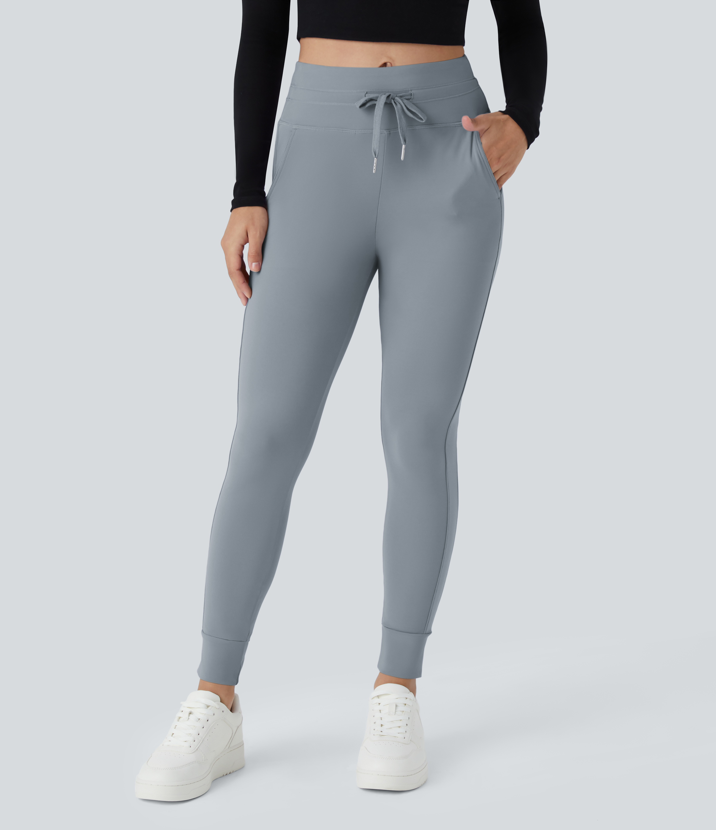 Halara Softlyzeroв„ў Plush High Waisted Drawstring Side Pocket Plain Full Length Joggers  - Sea Fog Blue - M(petite) 
