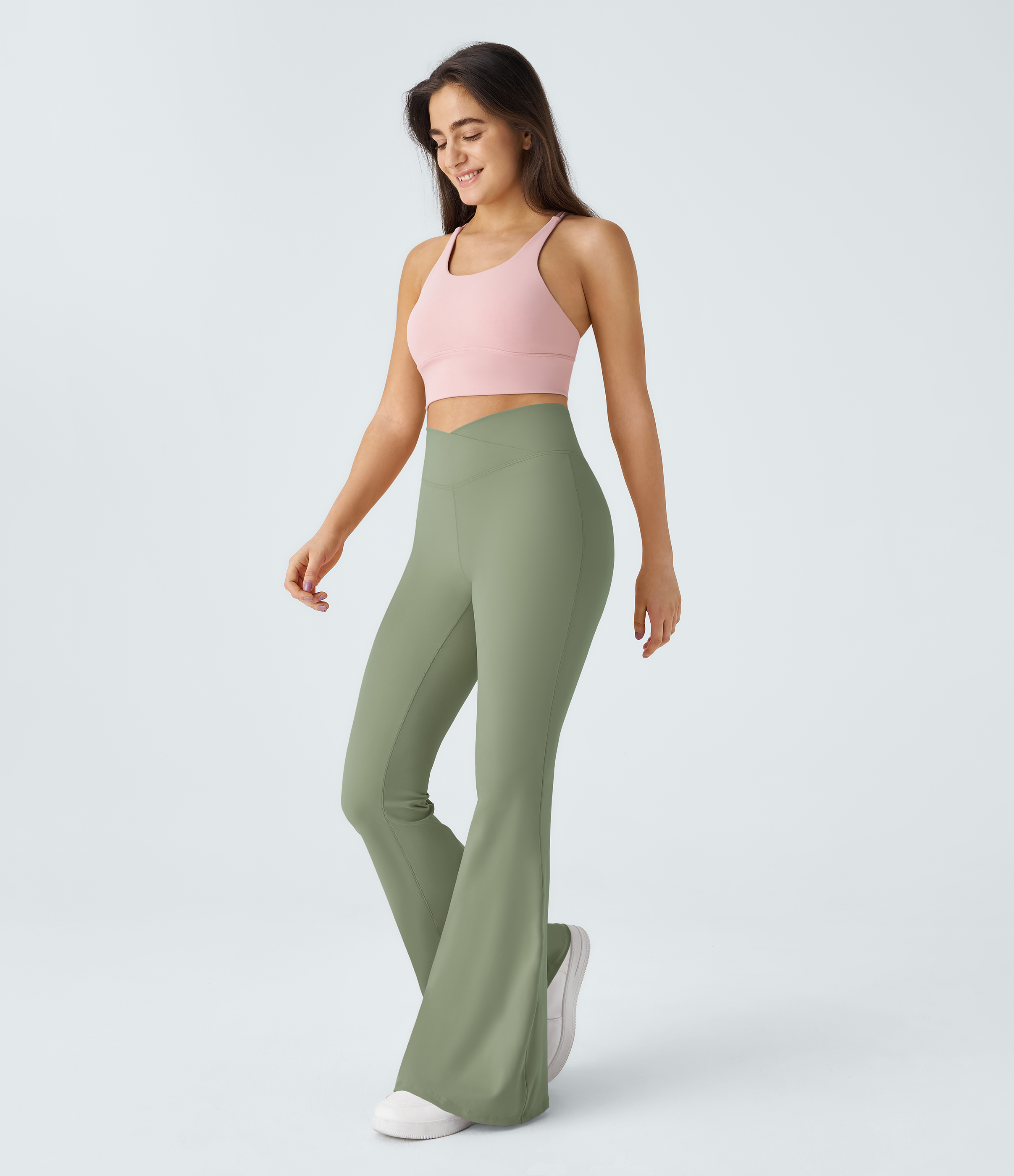 Halara Crossover High Waisted Back Pocket Super Flare Leggings  - Seagrass - L(petite) gym leggings leggings with pockets 