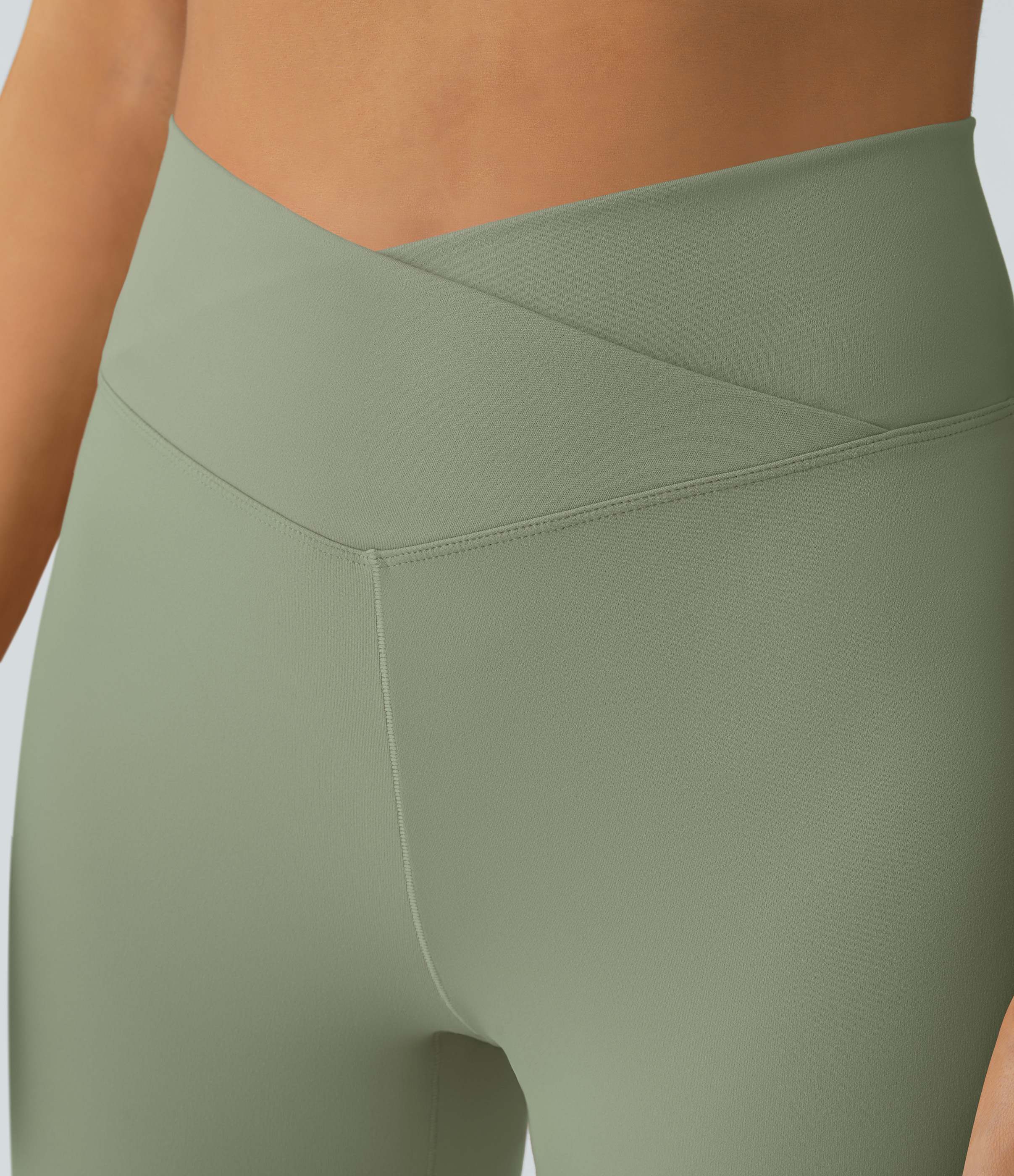 Halara Crossover High Waisted Back Pocket Super Flare Leggings  - Seagrass - L(petite) gym leggings leggings with pockets 