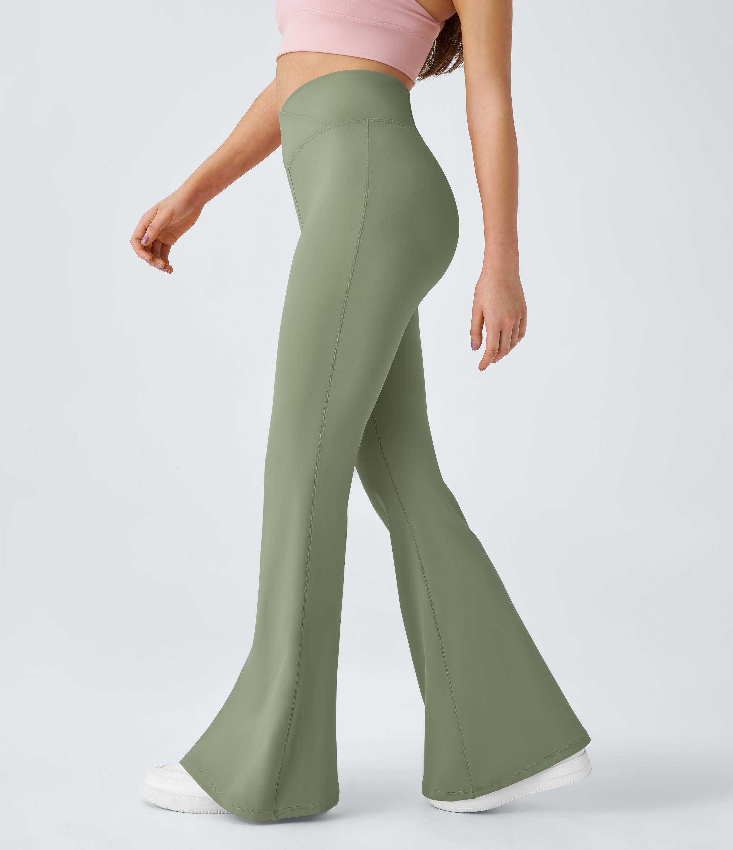 Halara Crossover High Waisted Back Pocket Super Flare Leggings  - Seagrass - L(petite) gym leggings leggings with pockets 