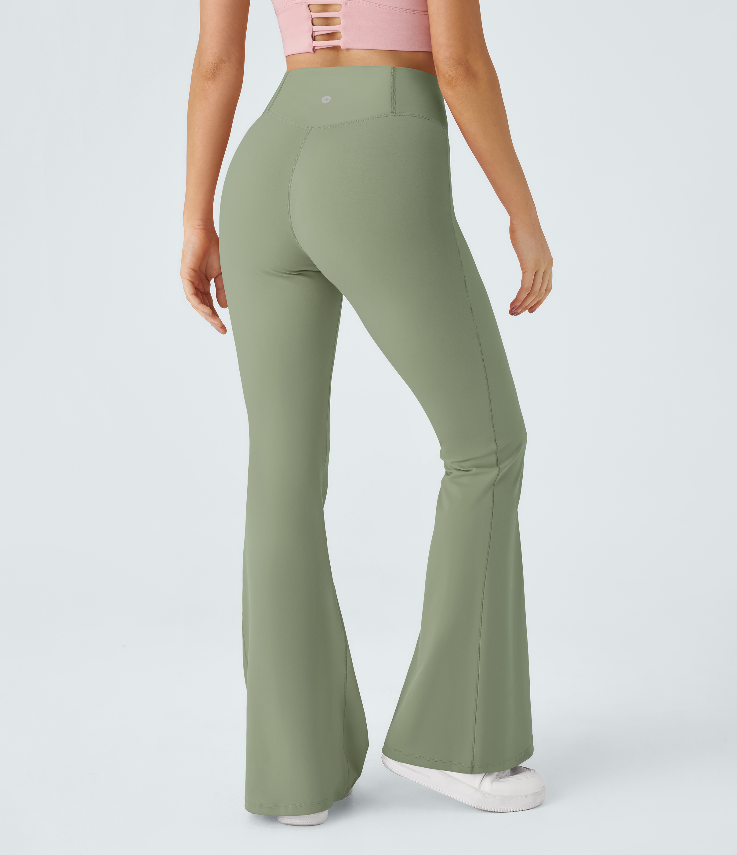 Halara Crossover High Waisted Back Pocket Super Flare Leggings  - Seagrass - L(petite) gym leggings leggings with pockets 