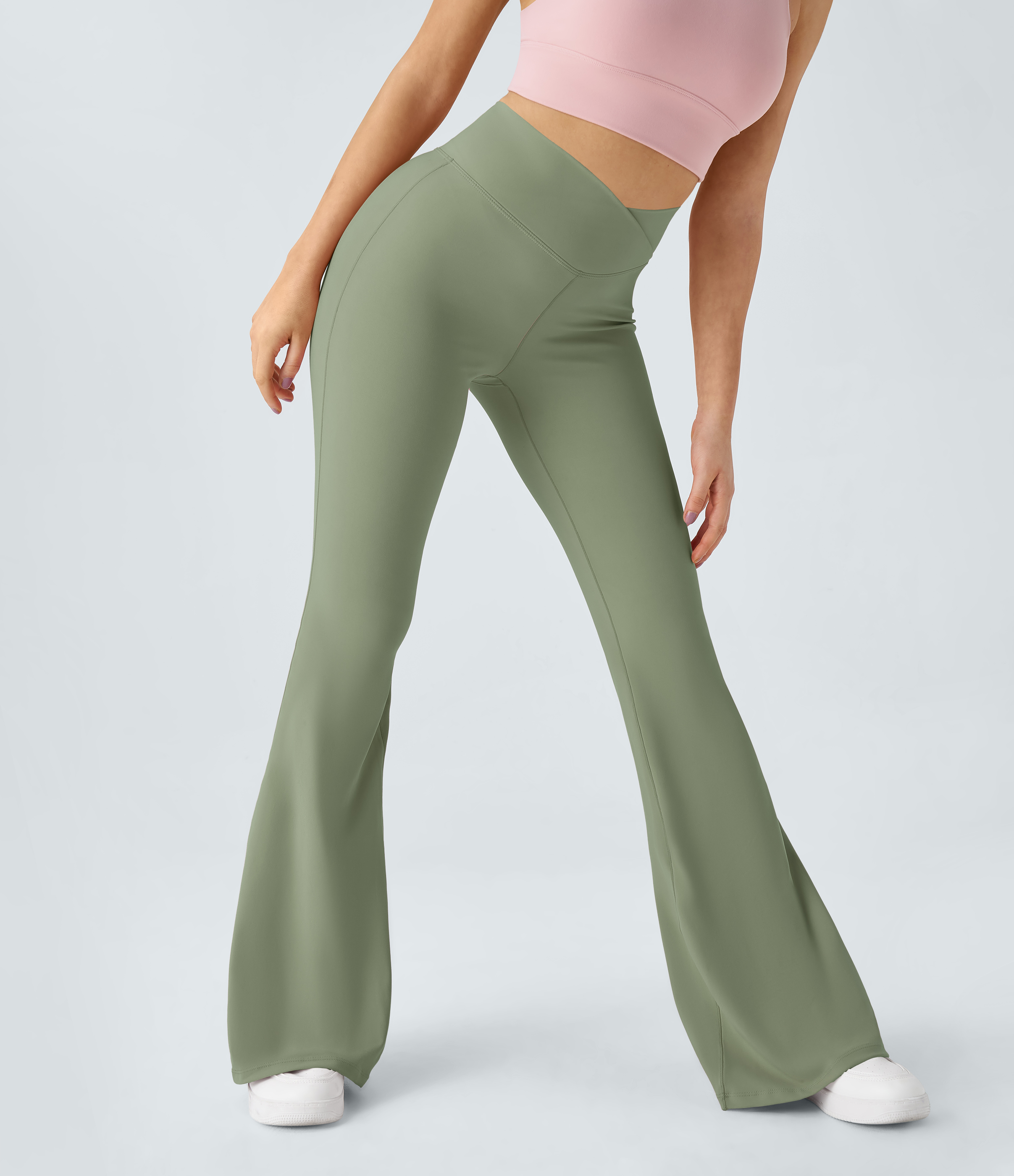 Halara Crossover High Waisted Back Pocket Super Flare Leggings  - Seagrass - L(petite) gym leggings leggings with pockets 