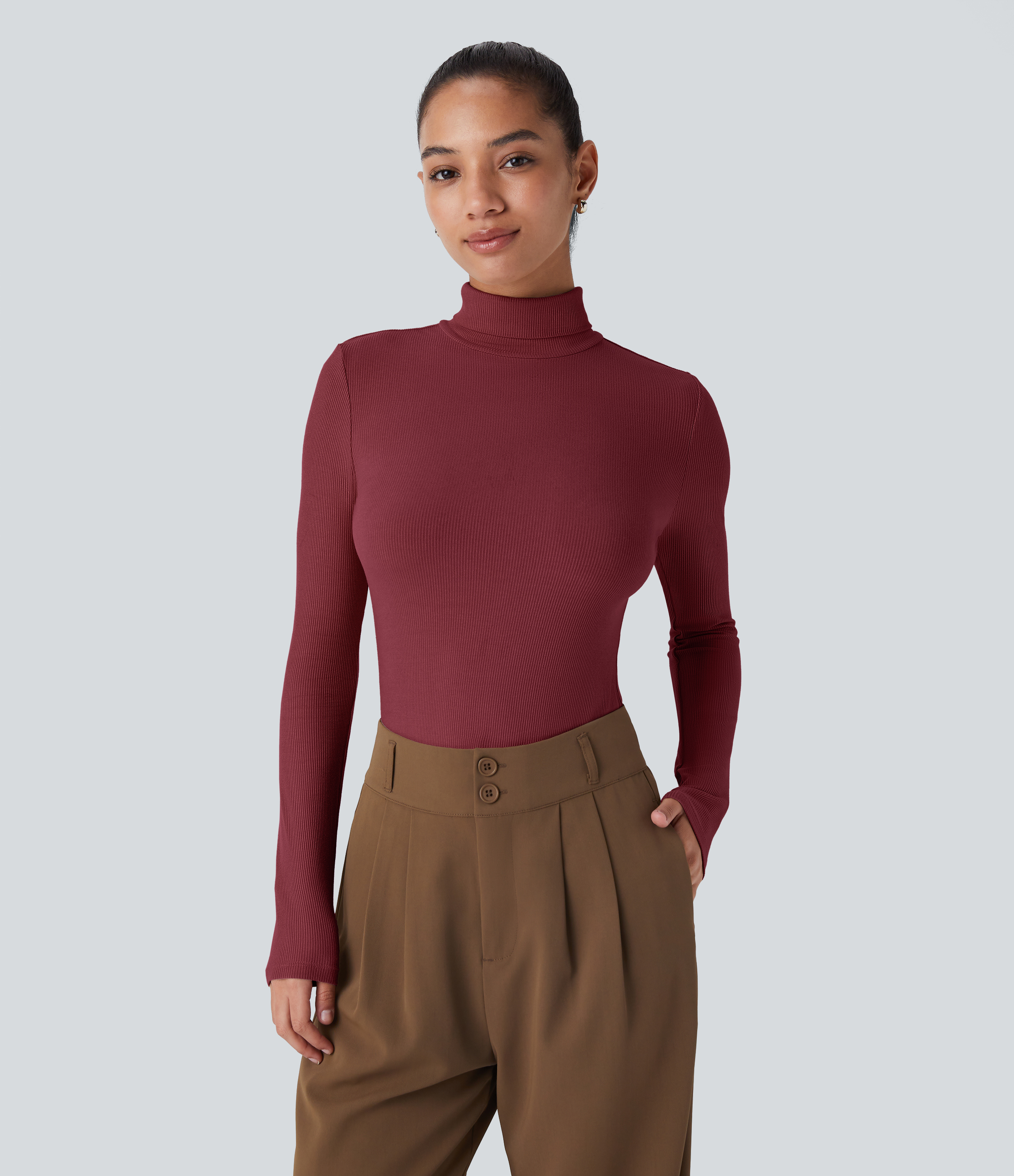 Halara Ribbed Knit High Collar Long Sleeve Casual Top Tank Top - Ruby Wine - M golf tops halter top tunic tops sleeveless tops backless top 