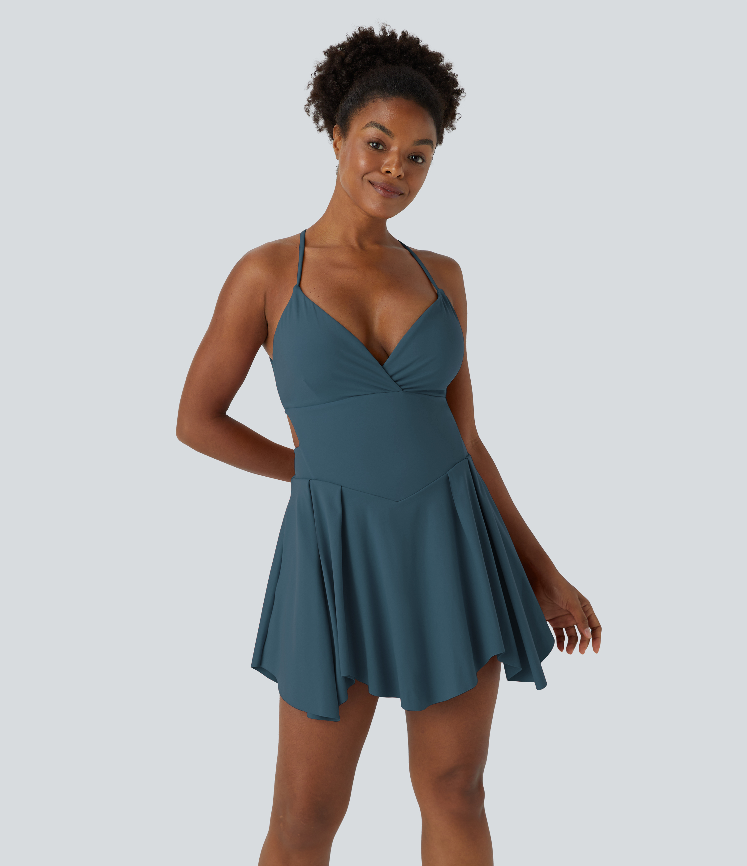 Halara Backless Crisscross Lace Up 2-in-1 Pocket Mini Slip Active Dress Workout Dress - Majolica Blue - L 