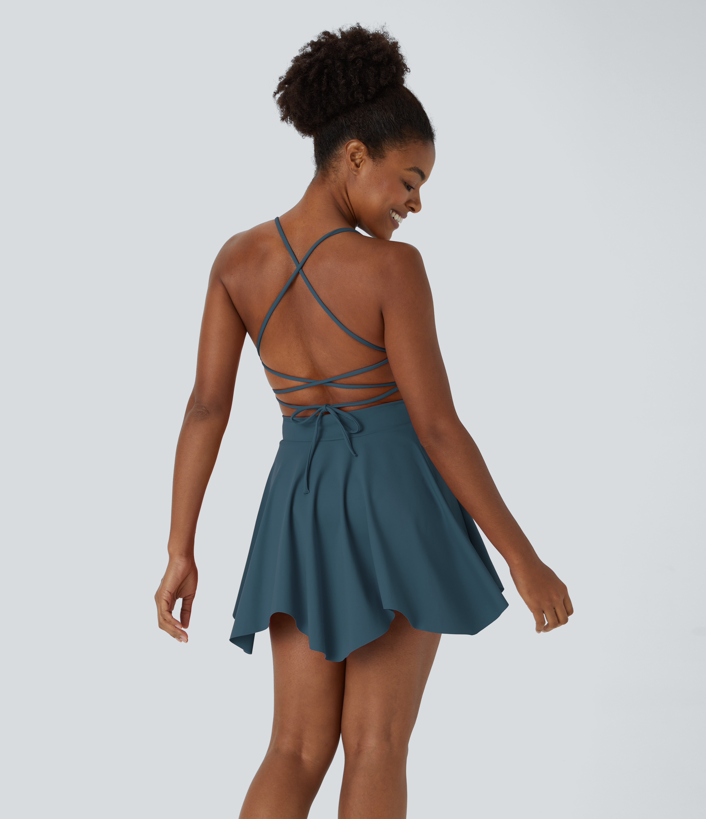 Halara Backless Crisscross Lace Up 2-in-1 Pocket Mini Slip Active Dress Workout Dress - Majolica Blue - L 