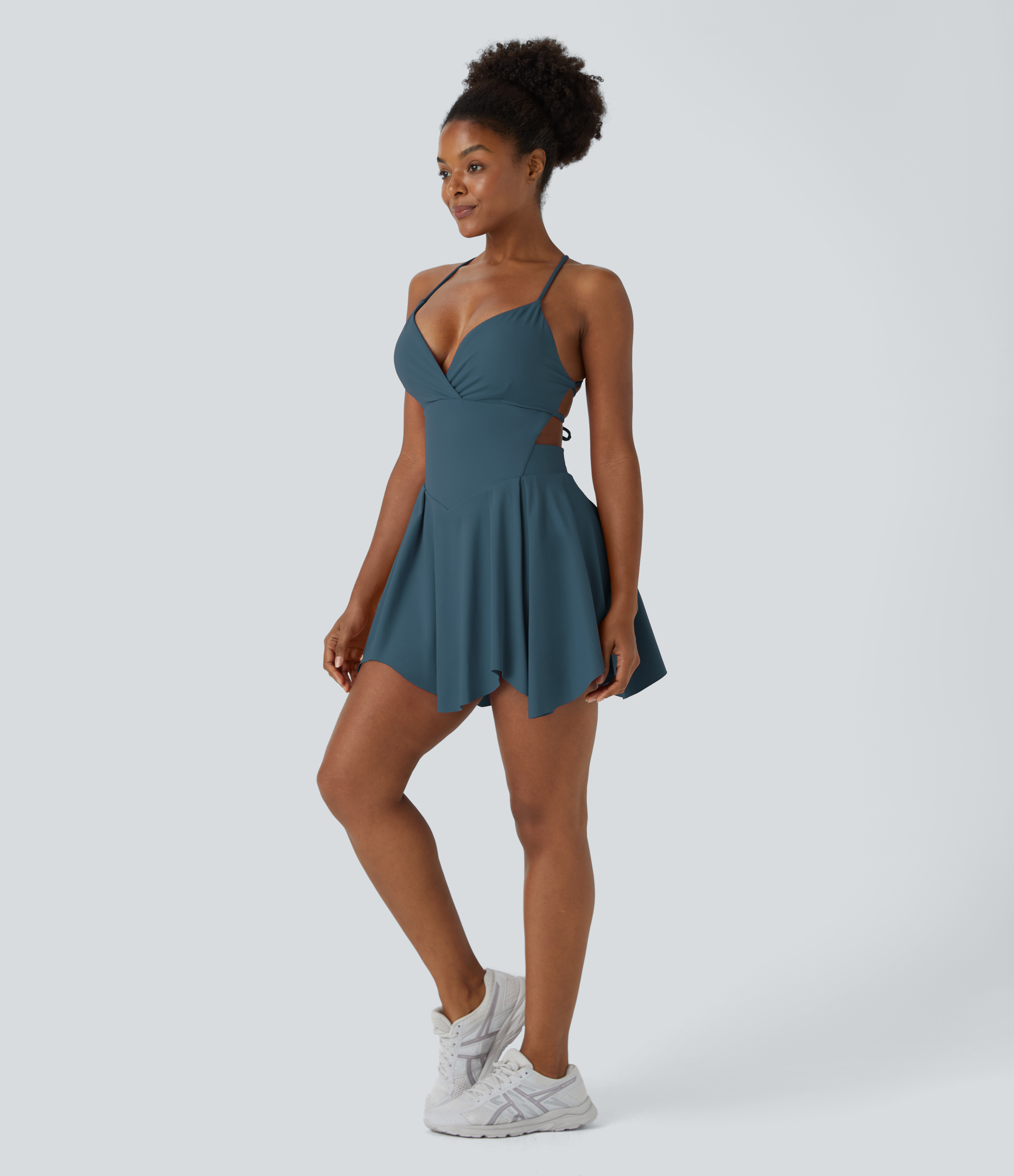 Halara Backless Crisscross Lace Up 2-in-1 Pocket Mini Slip Active Dress Workout Dress - Majolica Blue - L 