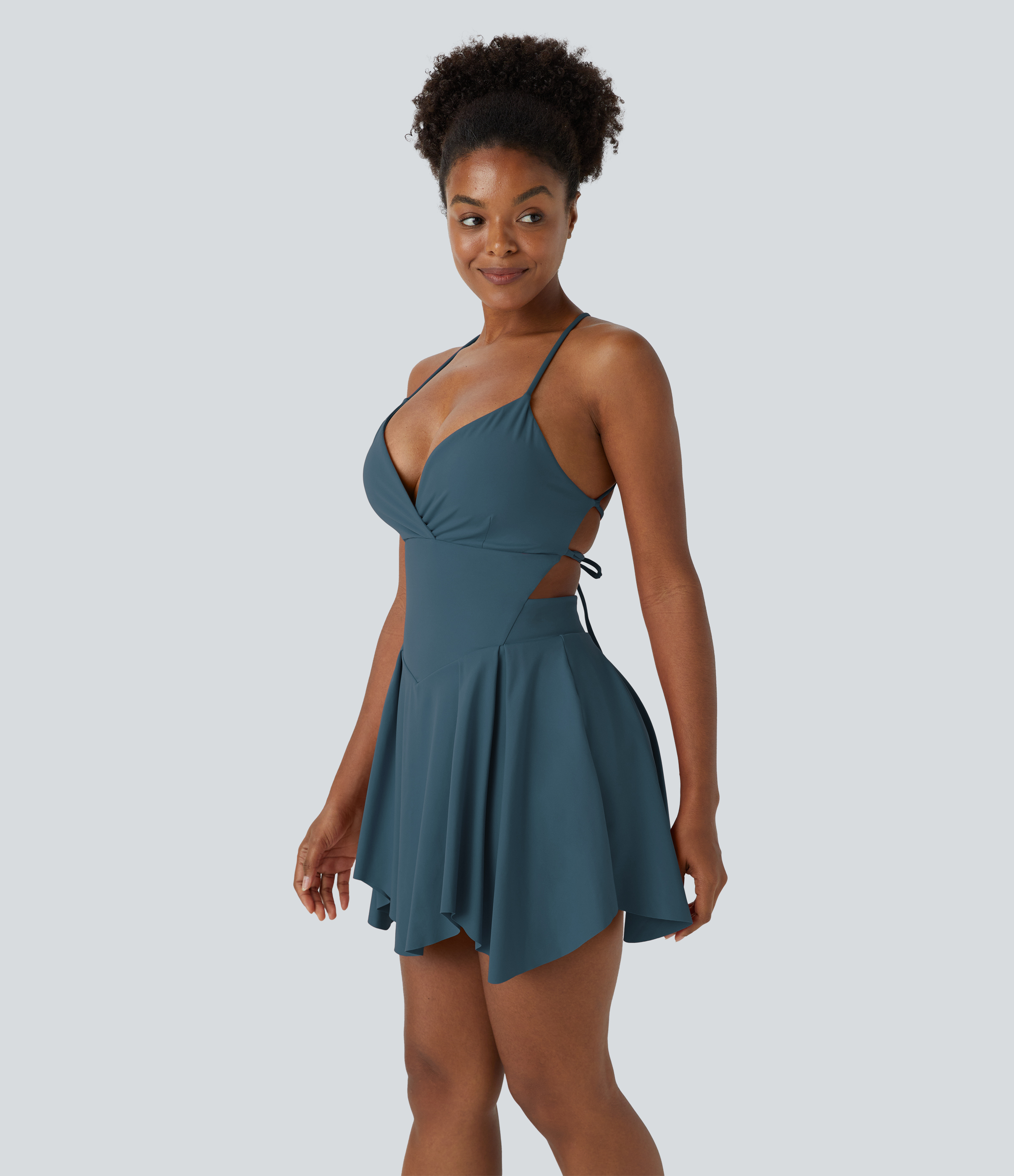 Halara Backless Crisscross Lace Up 2-in-1 Pocket Mini Slip Active Dress Workout Dress - Majolica Blue - L 