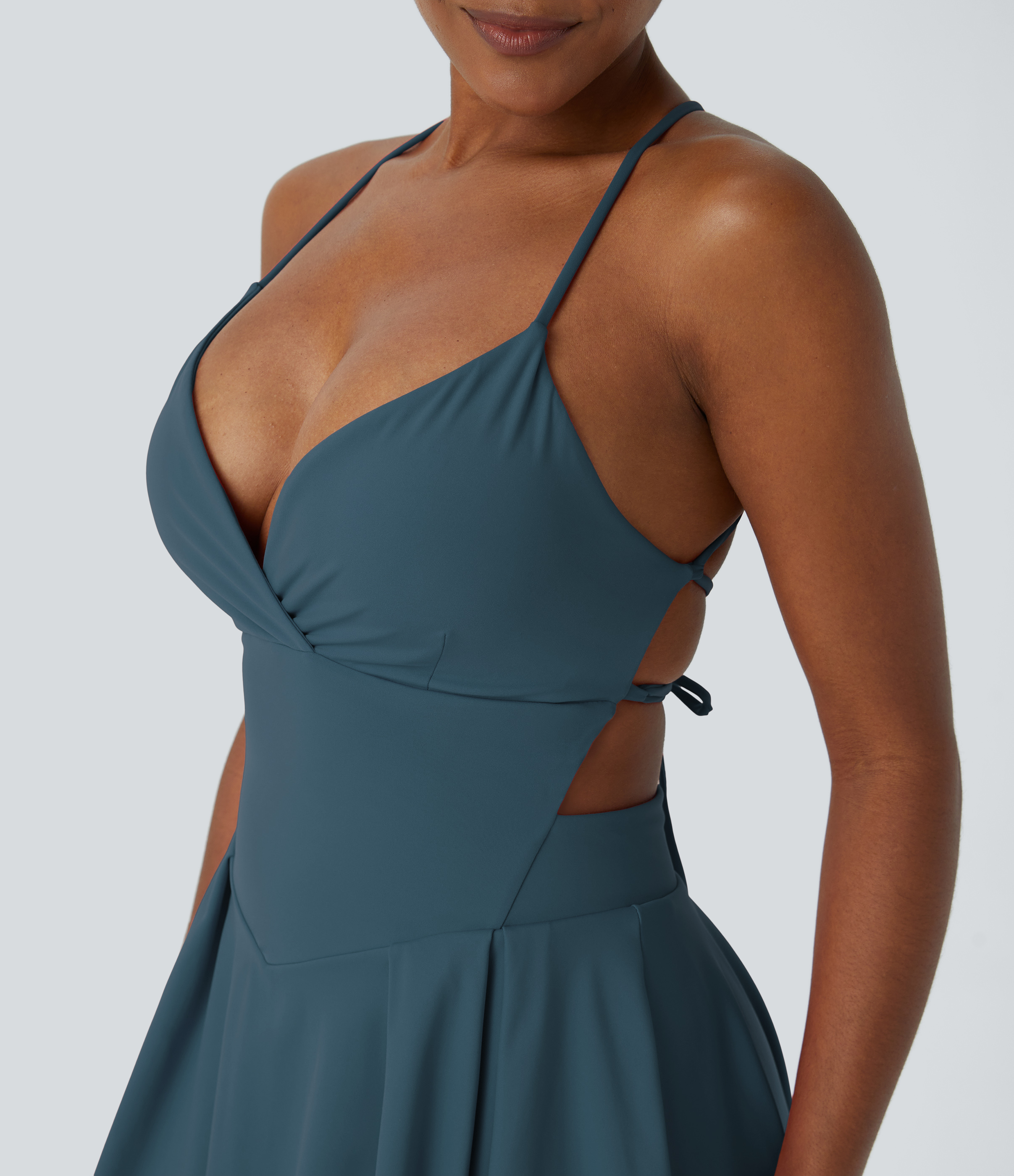 Halara Backless Crisscross Lace Up 2-in-1 Pocket Mini Slip Active Dress Workout Dress - Majolica Blue - L 