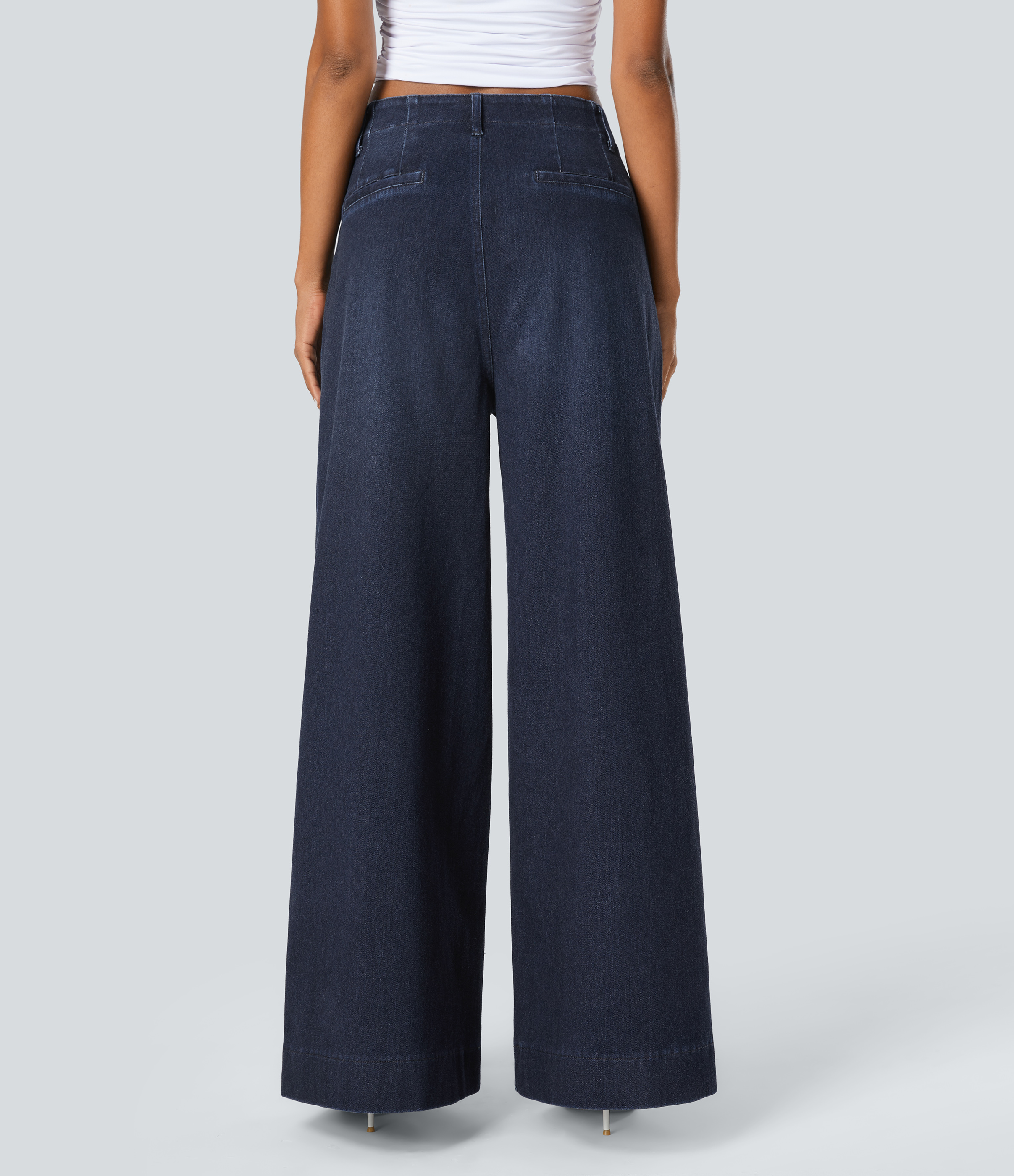 Deep Blue Water Denim Halara Flex™ ハイウエスト フロントポケット ウォッシュ加工 ストレッチニット カジュアル ワイドレッグ ジーンズ / 2