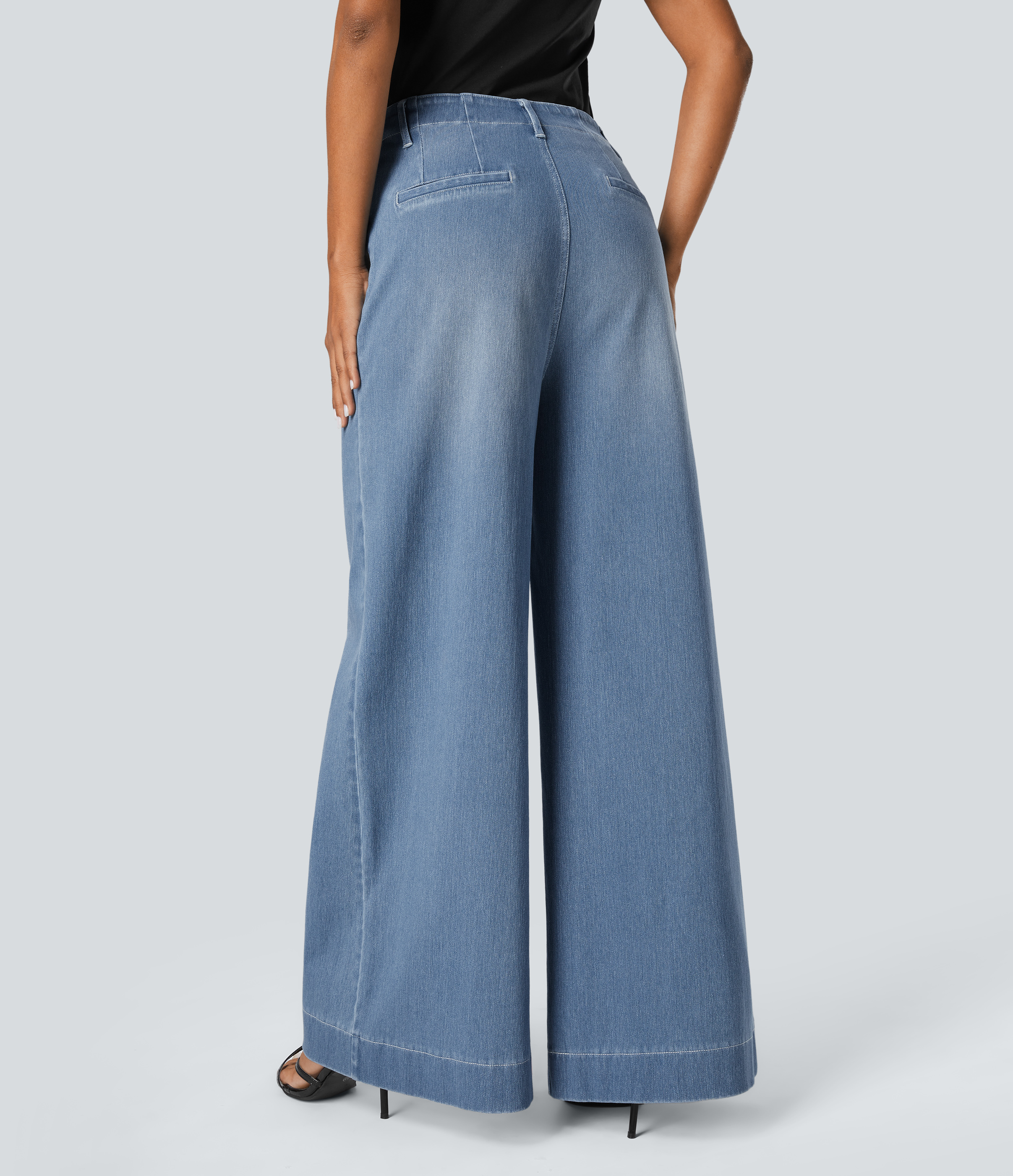 Azure Blue Denim Halara Flex™ High Waisted Pockets Washed Women Casual Wide Leg Denim Jeans / 2