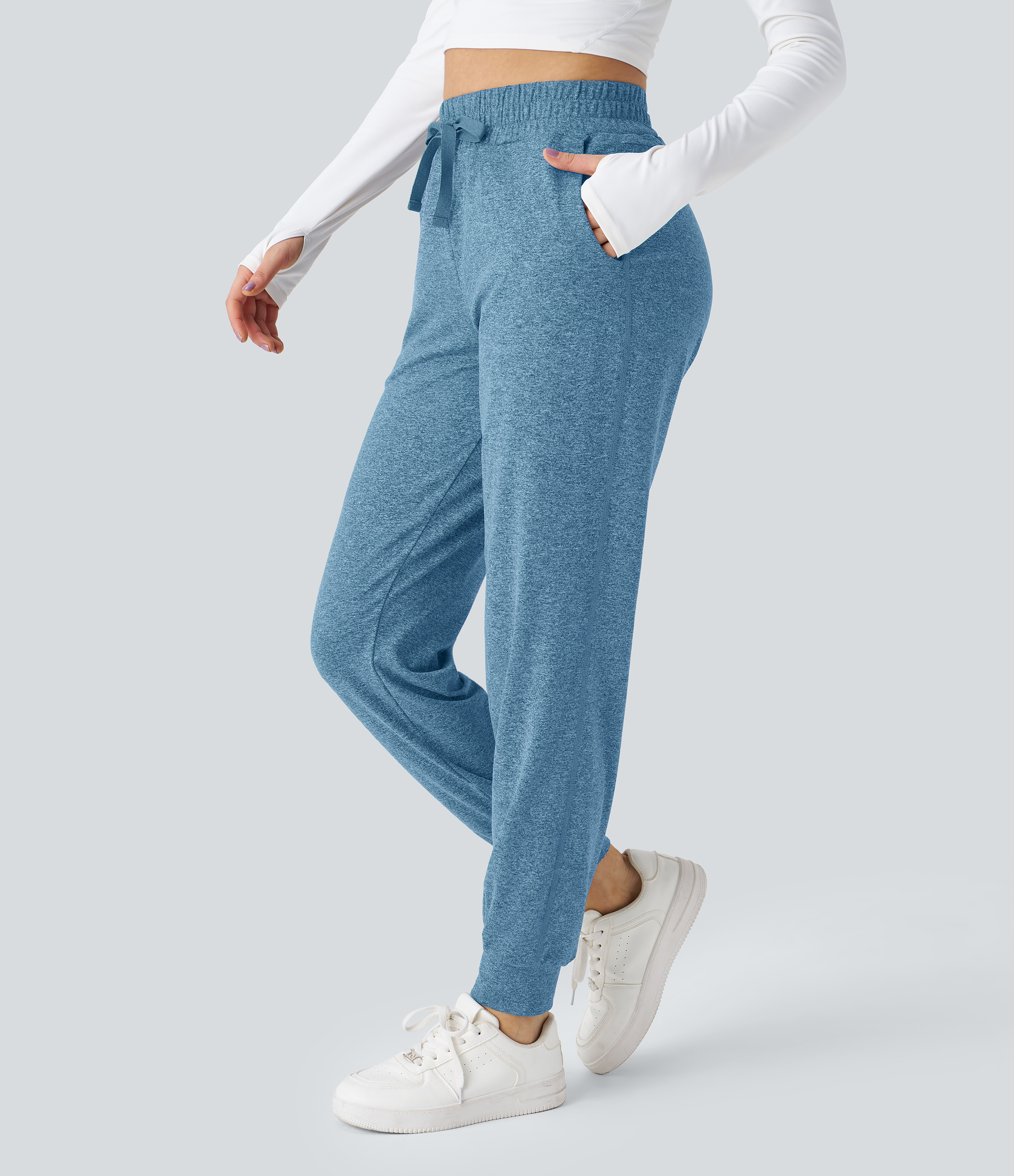 Halara High Waisted Drawstring Side Pocket Ruched Yoga Joggers  - Azure Blue Floral Yarn - XL(regular) 