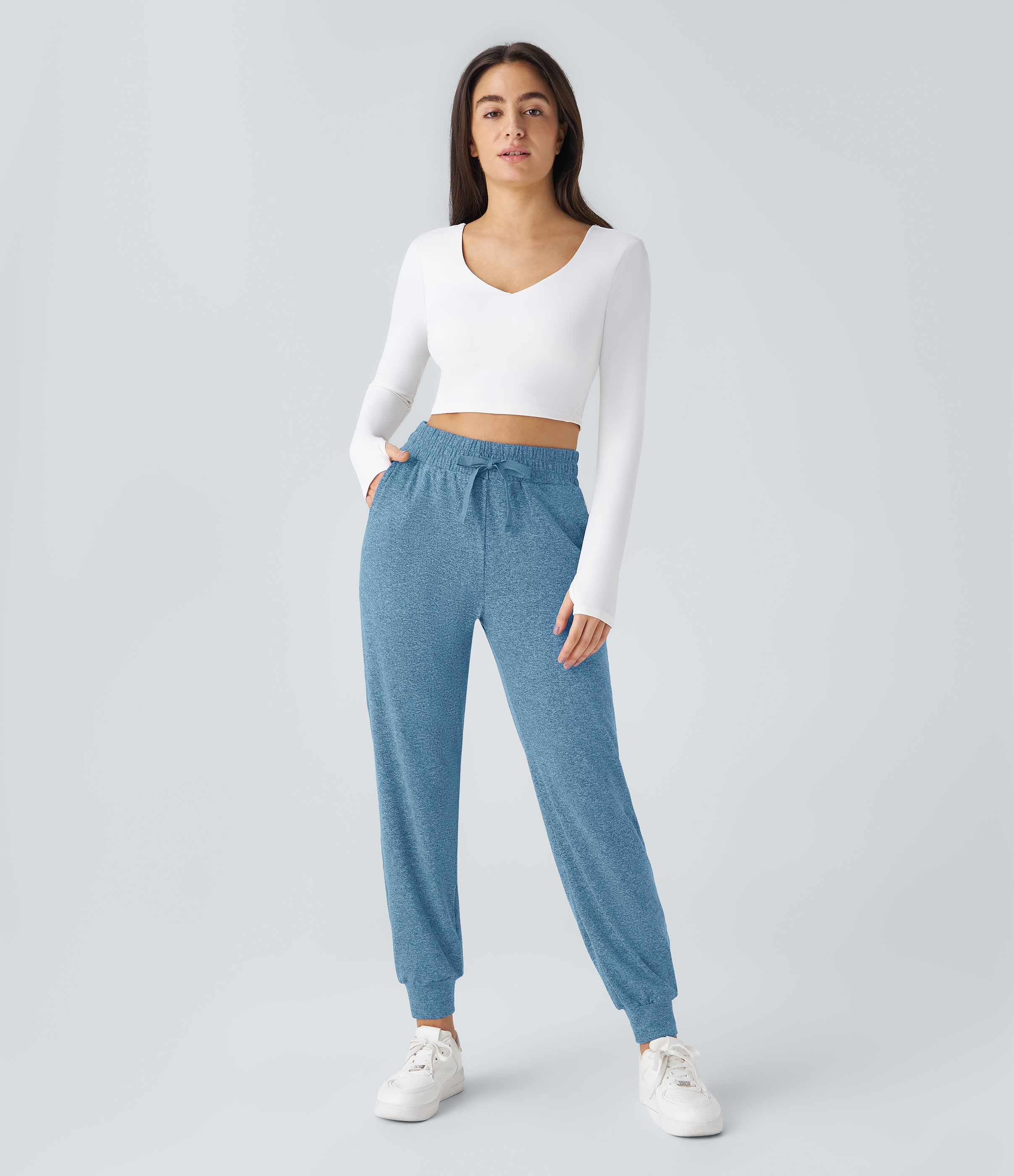 Halara High Waisted Drawstring Side Pocket Ruched Yoga Joggers  - Azure Blue Floral Yarn - XL(regular) 