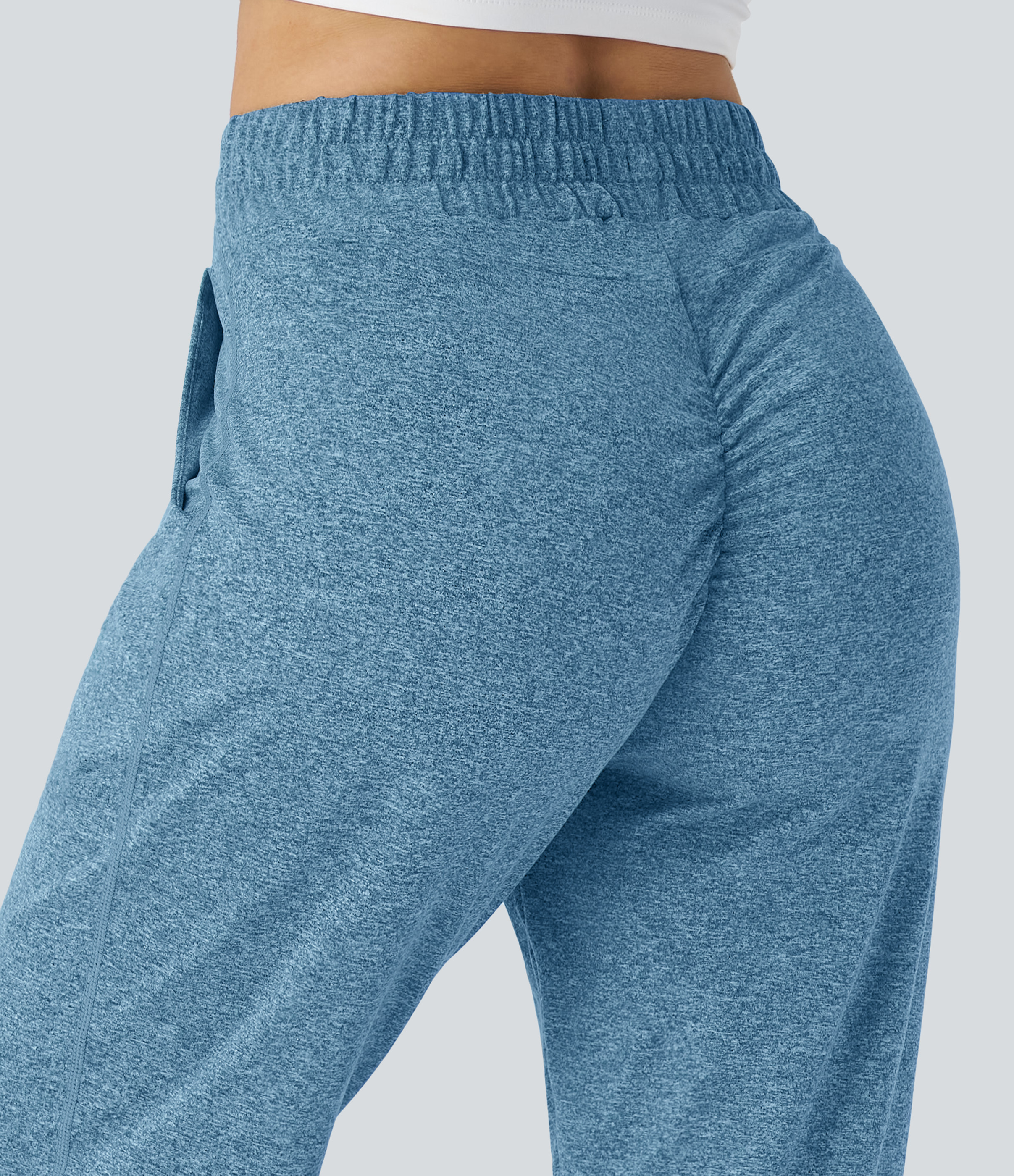 Halara High Waisted Drawstring Side Pocket Ruched Yoga Joggers  - Azure Blue Floral Yarn - XL(regular) 